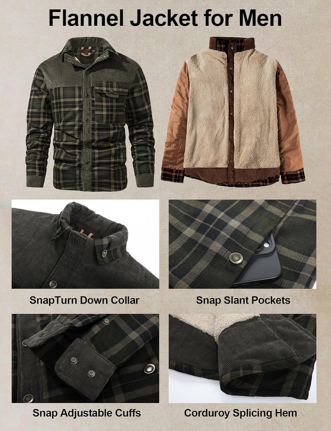 Flygo Men's Sherpa Lined Plaid Flannel Shirt Jacket Snap Button Warm Winter Jacket with Pockets - Image 4