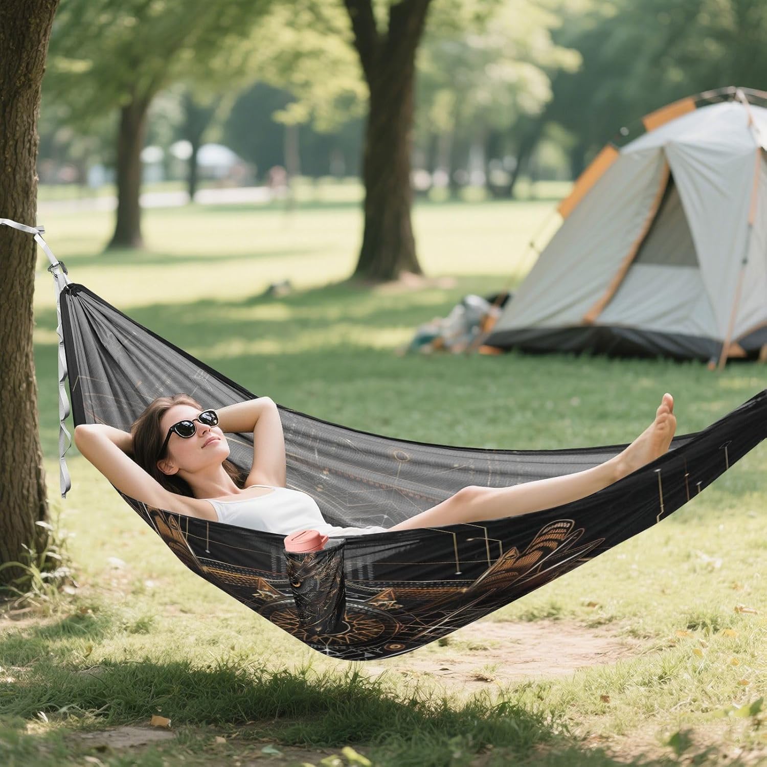 ALAZA Mecha Owl Cyberpunk Black & Gold Camping Hammocks Single or 2 Person 500 lbs Portable Parachute Travel Hammock w/Tree Straps for Hiking Backpacking Indoor Outdoor