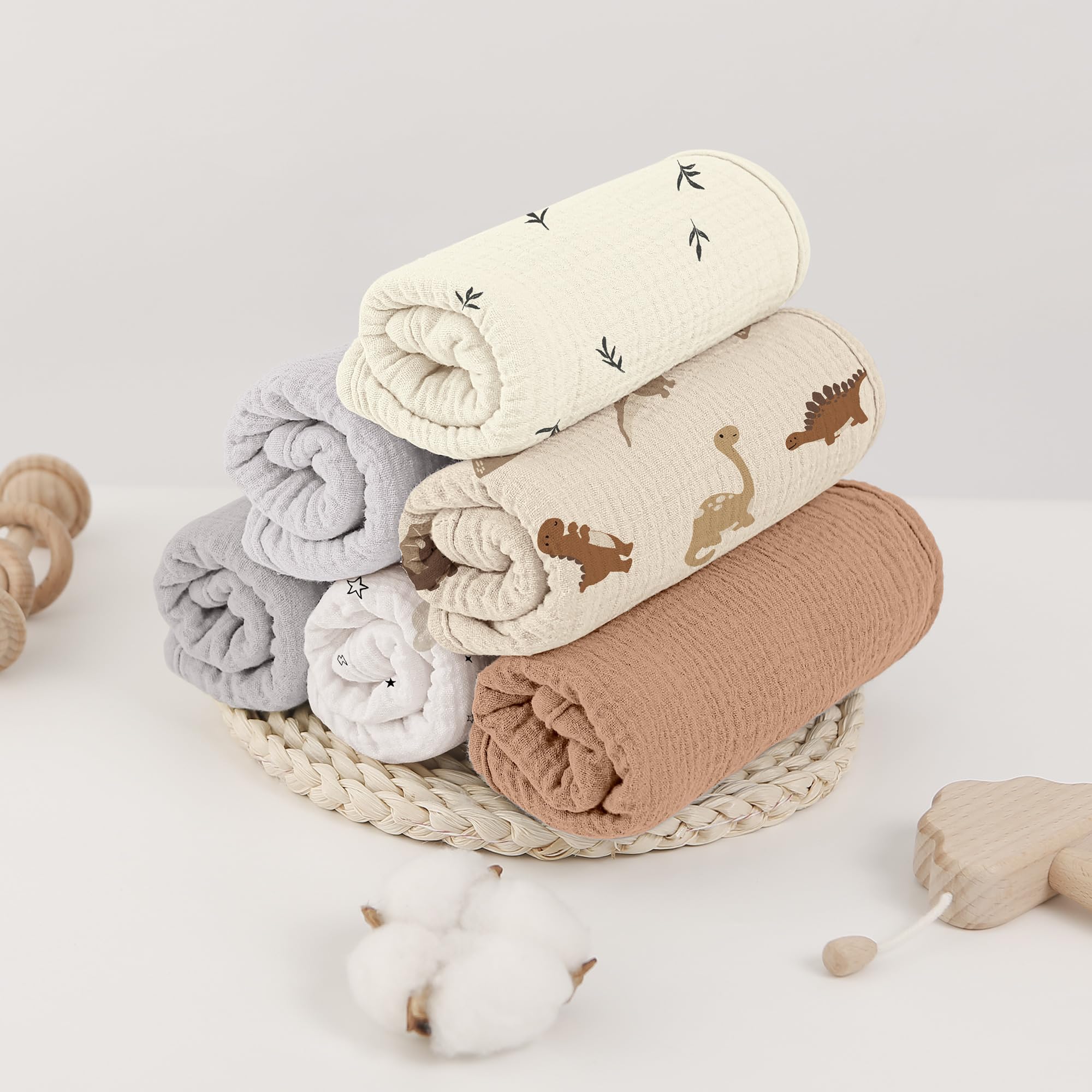 bearmoss Bambino in Mussola Per Neonati, 6 Pezzi, Set 50 X 25 Cm, Super Morbido Assorbente in Mussola A Grana Per Neonati, Unisex, Per Bambine E Ragazzi (Dinosauri)