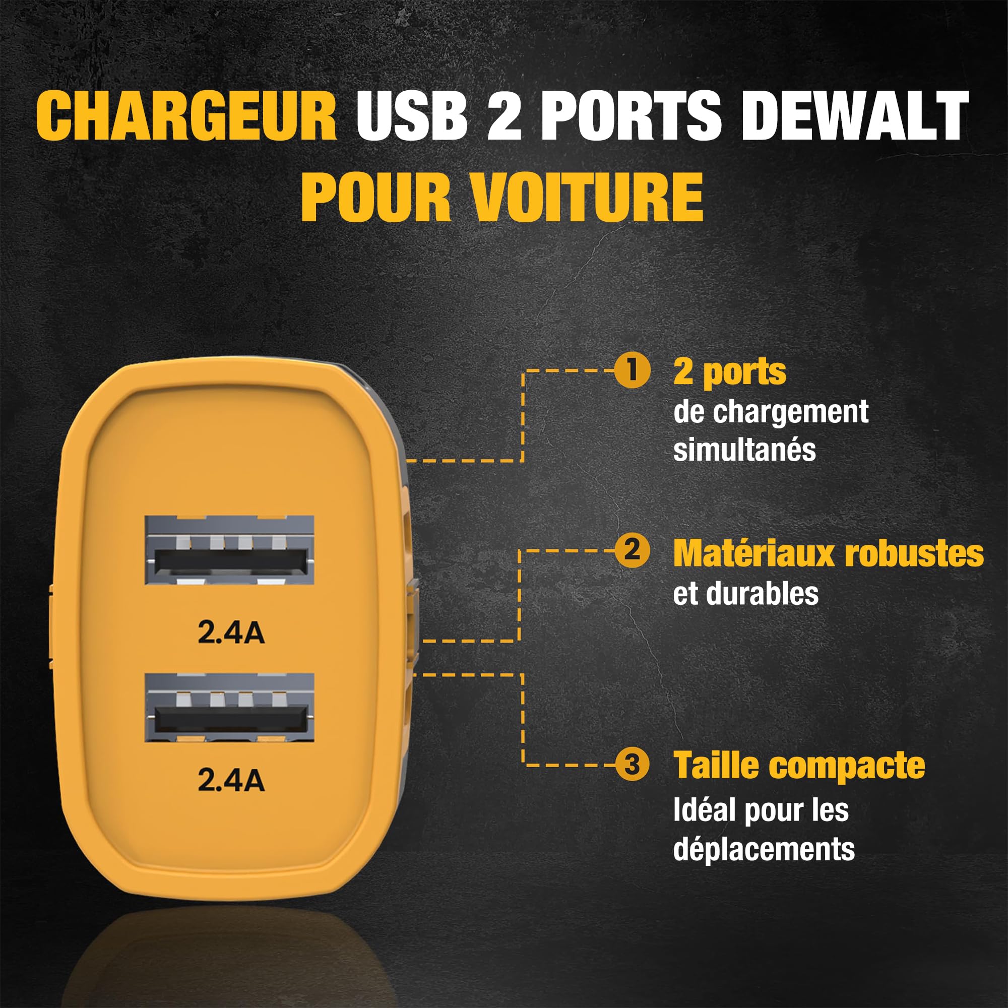 DEWALT Adaptateur Chargeur Voiture 24W USB, Allume-Cigare, Charge Rapide, Compatible iPhone, Samsung Galaxy, iPad