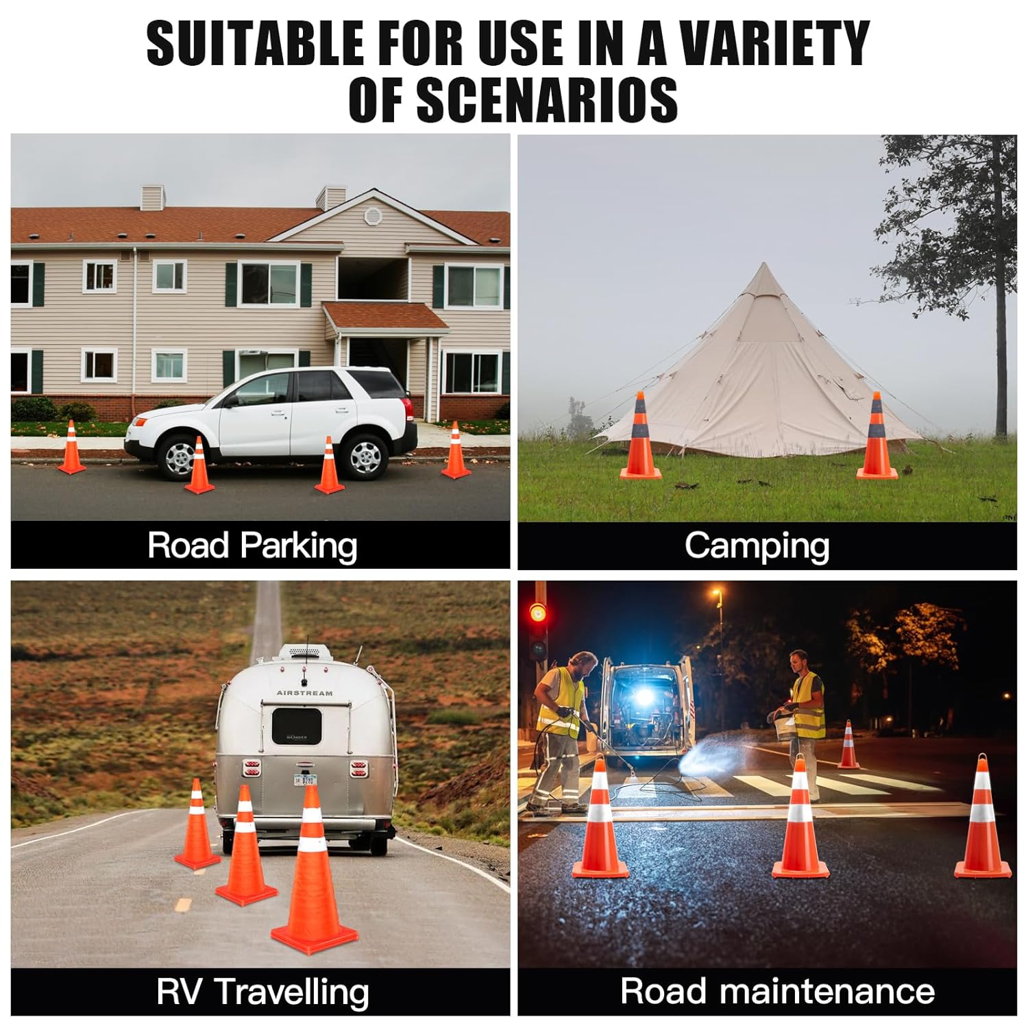 Traffic Cones 28 Inch, Traffic Safety Cones, Orange Traffic Cones, Collapsible Safety Cones with Reflective Collars, Parking Cones for Drivers Training Parking Lots(4 Pack)