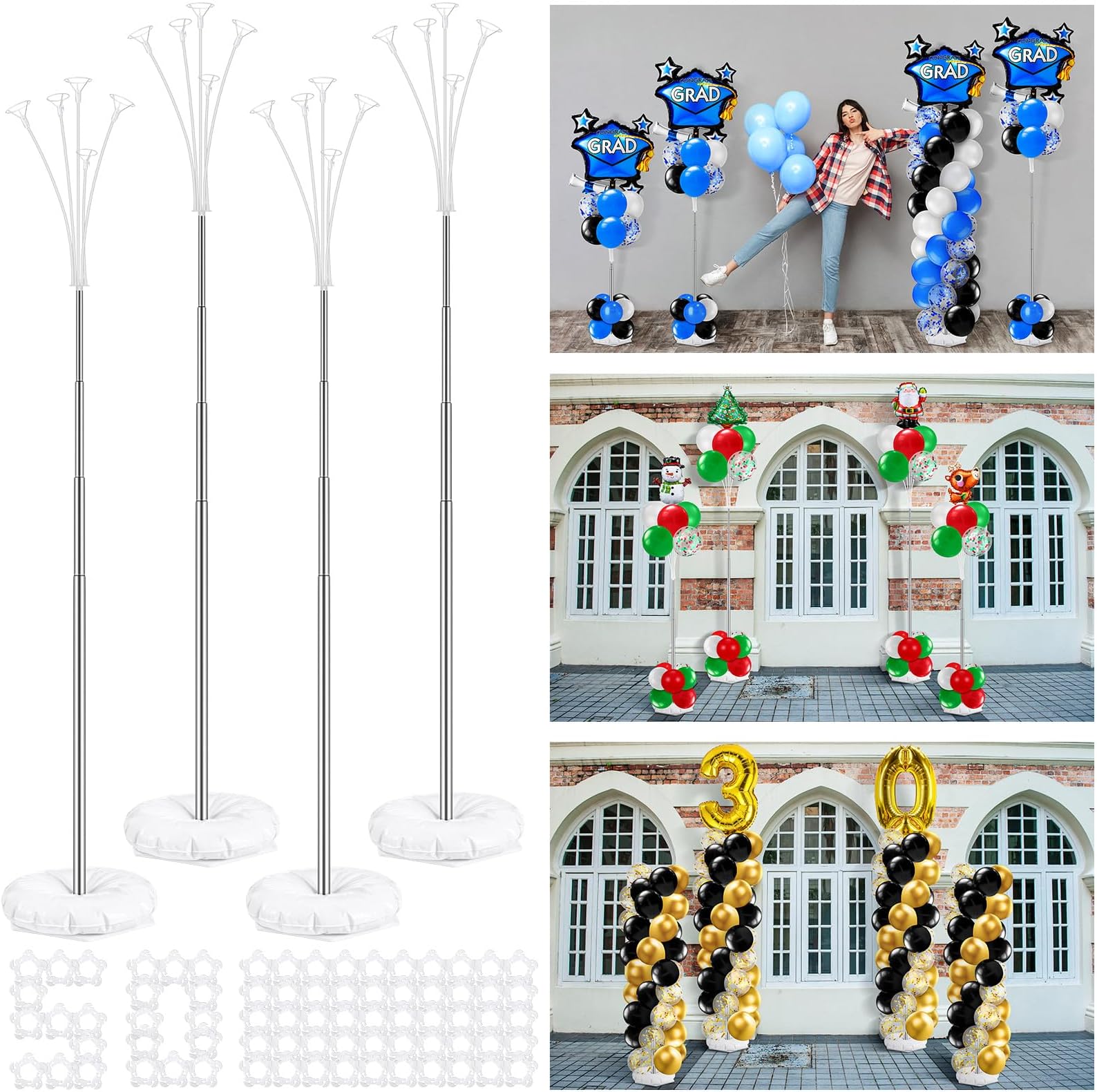 Kasyat 4 Sets Balloon Column Stand Kit 9.1ft Adjustable Telescopic Balloon Pillars for Floor Balloon Arch Tower with Weight Base and 50 Balloon Rings Metal Backdrop Stands for Birthday Baby Shower