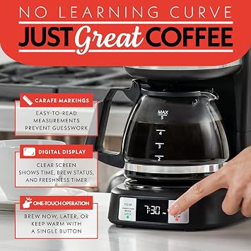 Gourmia Drip Coffee Maker 5 Cup, One-Touch Brew, Pause & Serve, Adjustable 4 Hr Keep Warm, EZ-View Water Window, Black