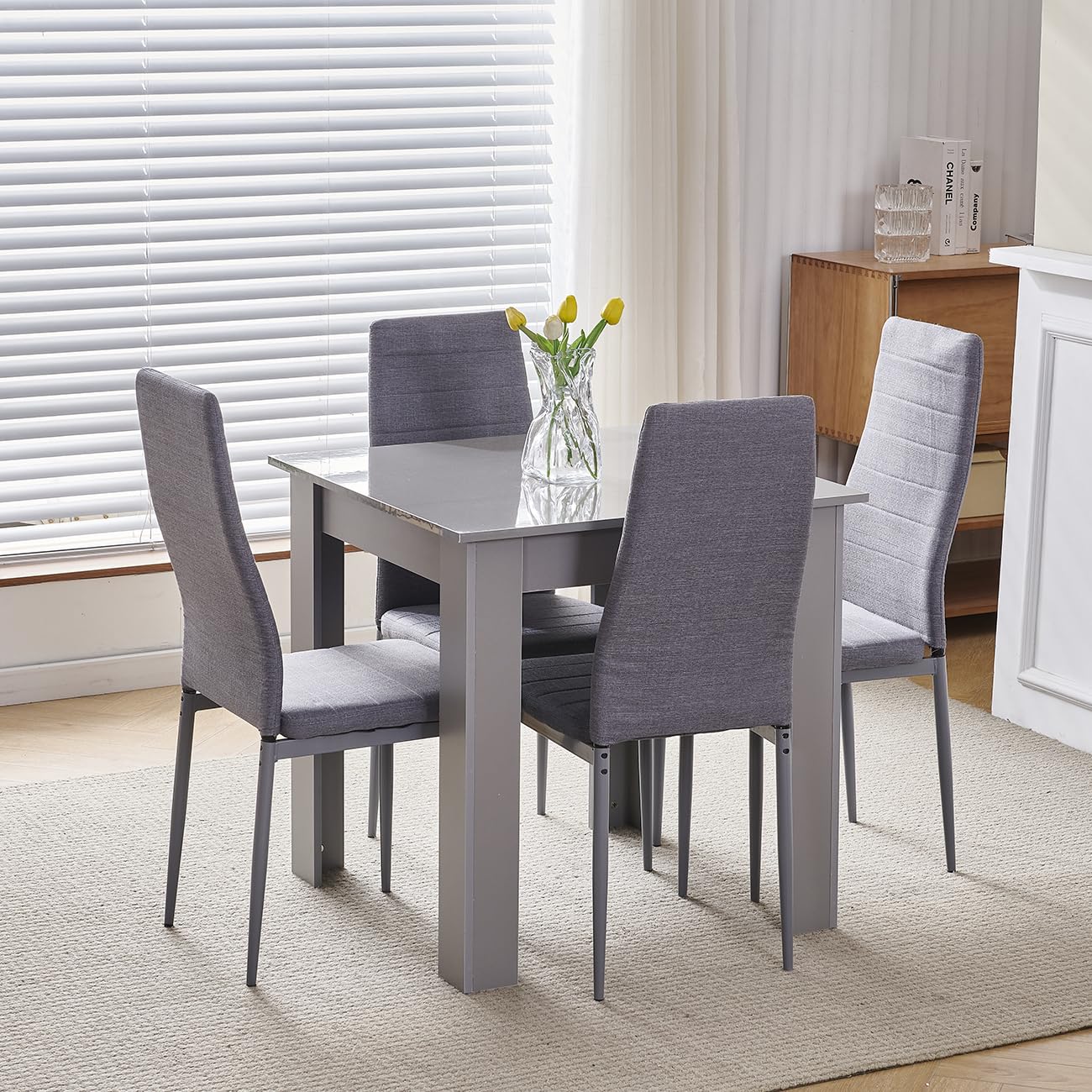NICEME Compact Dining Table and 4 Chairs Set for Small Space Saving Kitchen, Glossing Tabletop 75x75 cm (Gray, 4 Seats, Linen Gray #1) โ image 1