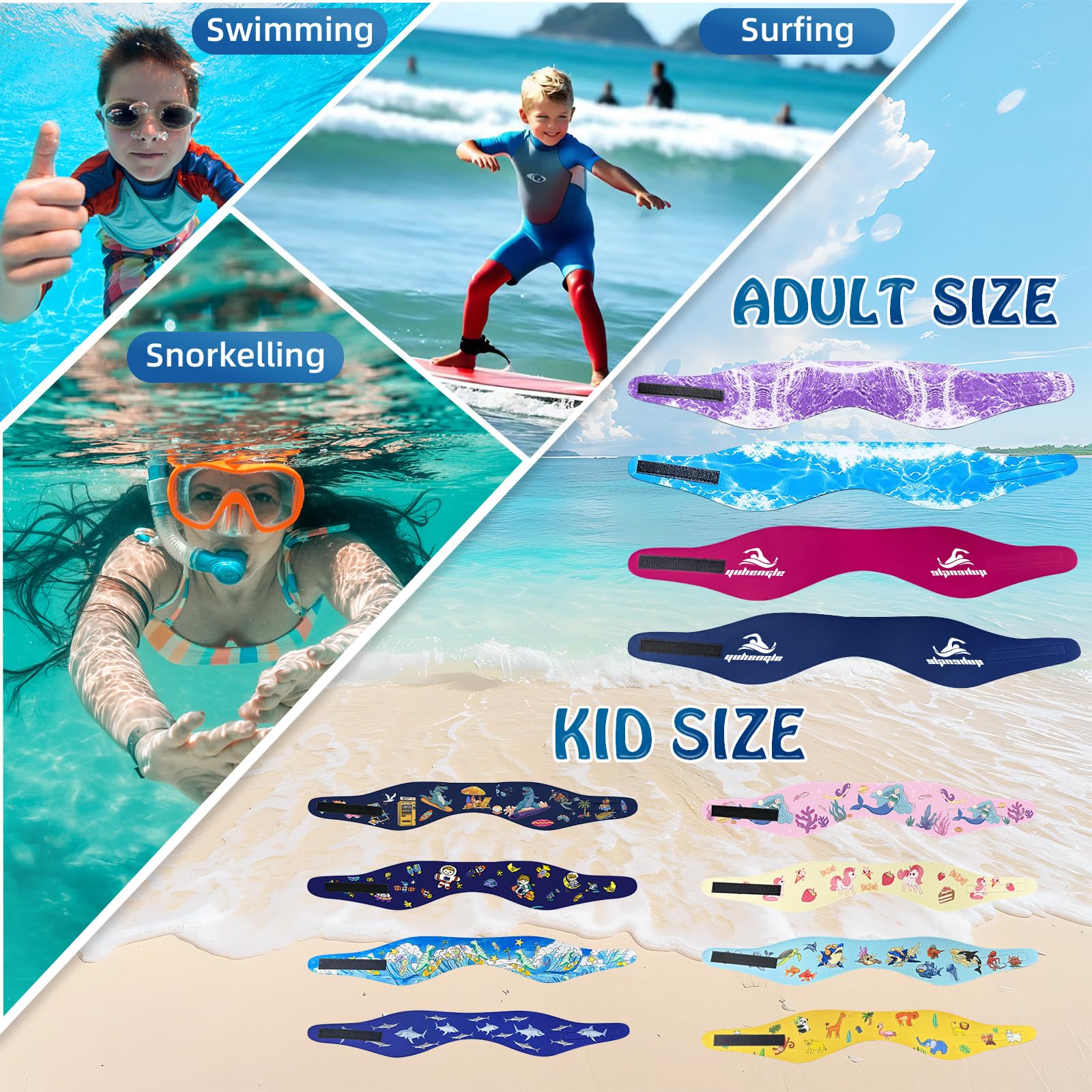 Diadema de Natación,2 Pares de Tapones oidos Natación Impermeable con Banda de Neopreno Elástica, Ajustable y Antideslizante,Ideal para Niños y Adultos para Nadar,Surfear, Bucear y Deportes Acuáticos