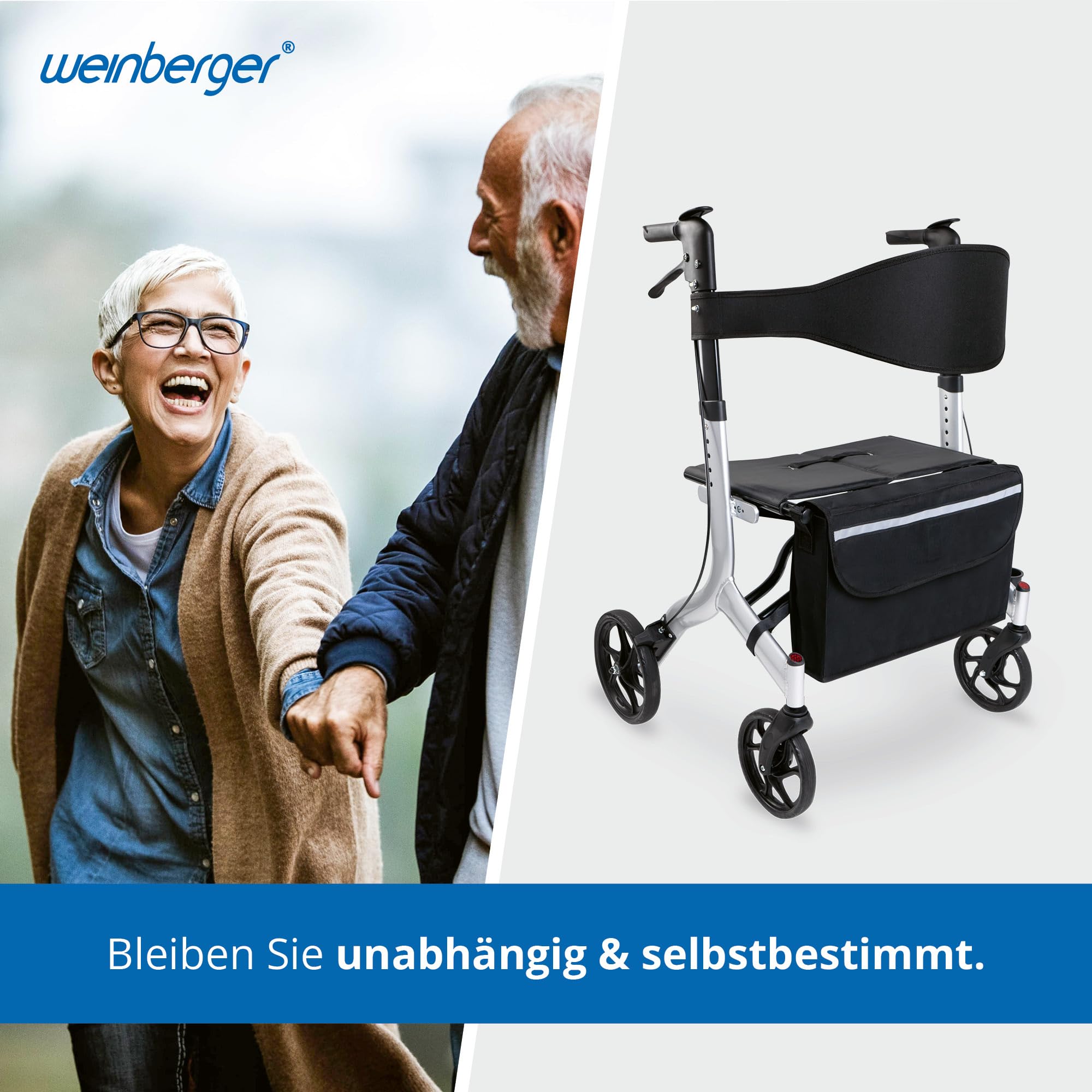 Weinberger 02262 Rollator XXL aus Aluminium, stabil, faltbar, Gehilfe XXL, mit Tasche, groß, schwarz, 10 kg