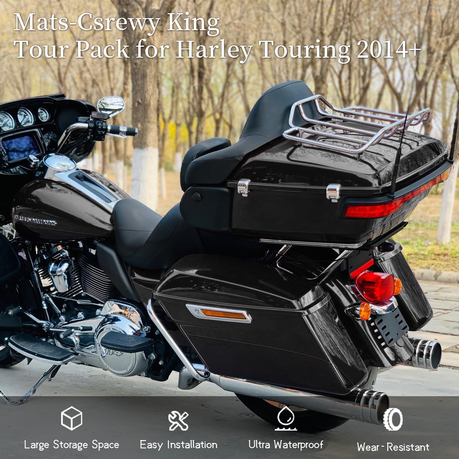 Mats-Csrewy King Tour Pack for Harley, Vivid Black Touring Pak Trunk for Harley Touring CVO Road King Road Glide Street Glide Electra Glide 2014-2023