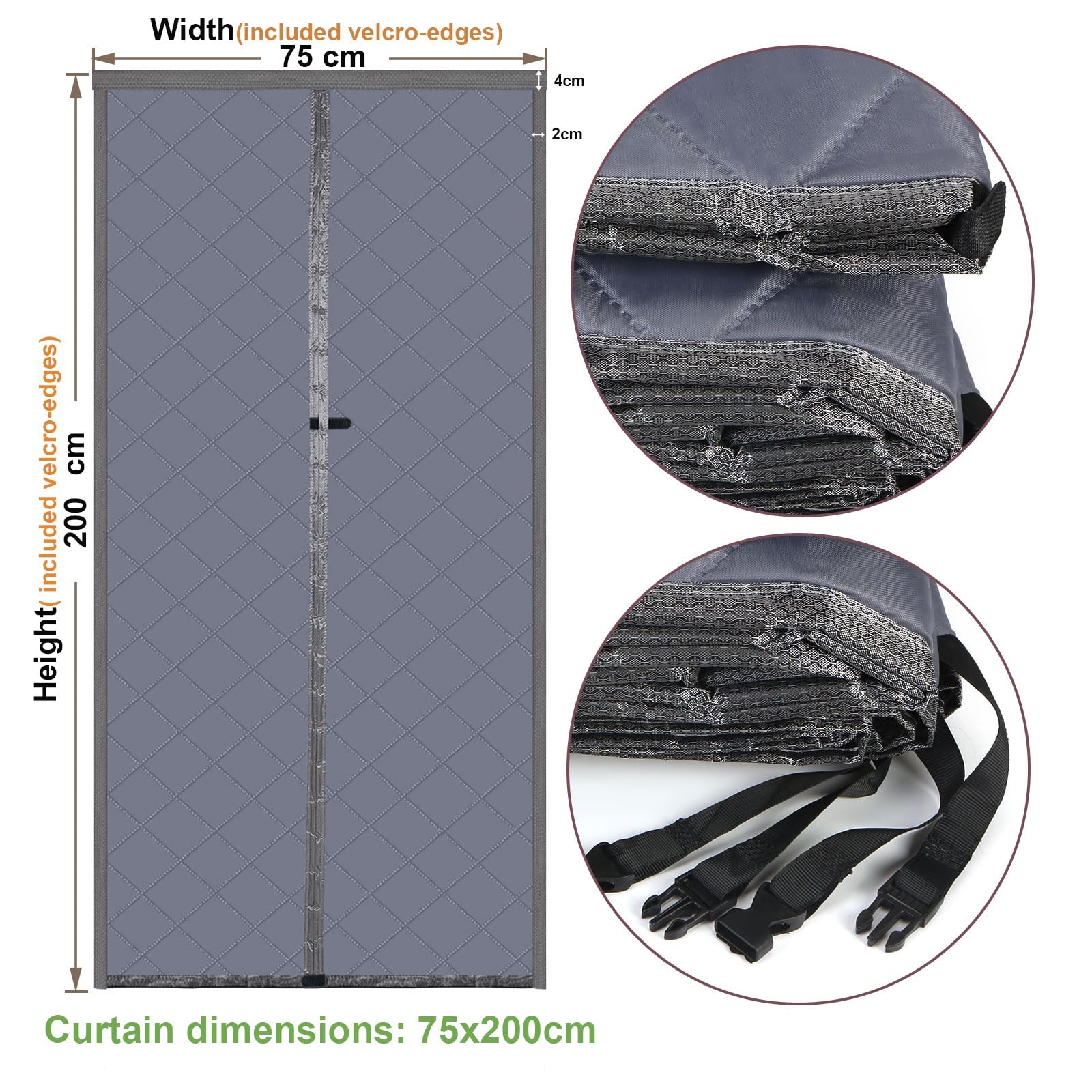 Risareyi Cortina de Puerta Aislante Termica Frio y Calor 75x200cm, Gris Aislamiento Cortinas Térmica Magnética para Puerta Exterior Salón Balcón, Impermeable, Cierre Automático