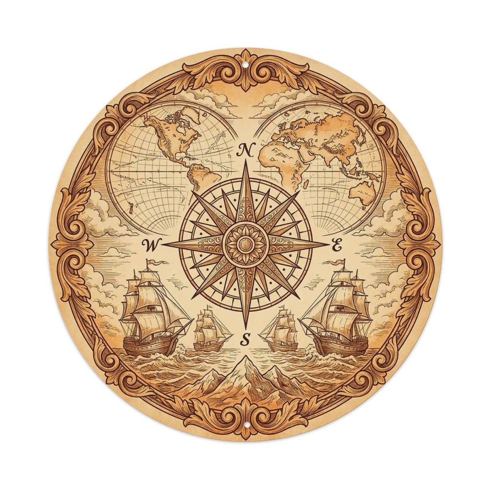 Vintage Nautical Compass World Map Shoal Legacy Metal Tin Sign