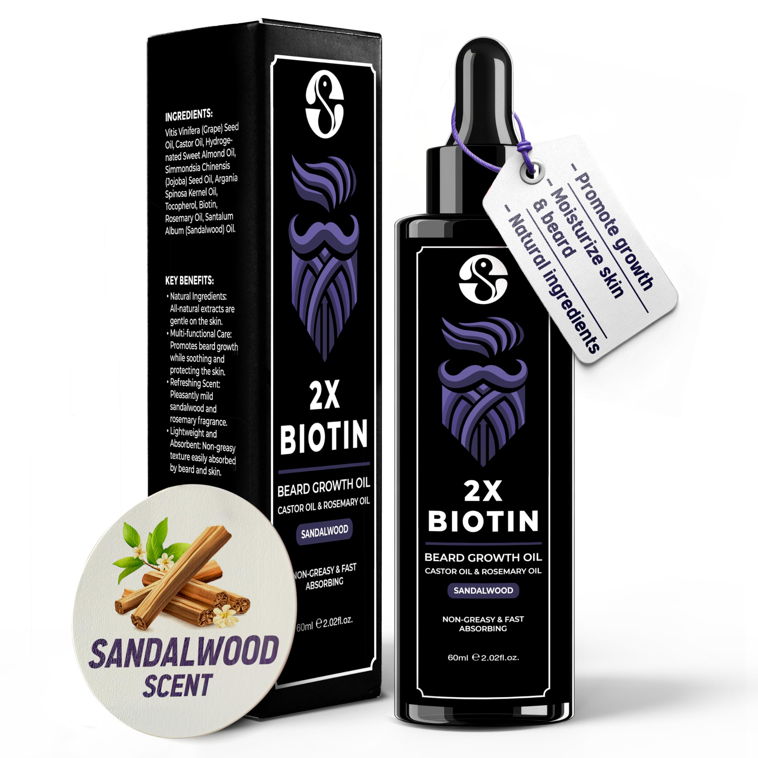 Biotin Concentration Beard Thickener & Softener - 2oz with Castor Oil, Rosemary Oil, and Vitamins - Sandalwood Scent for Men