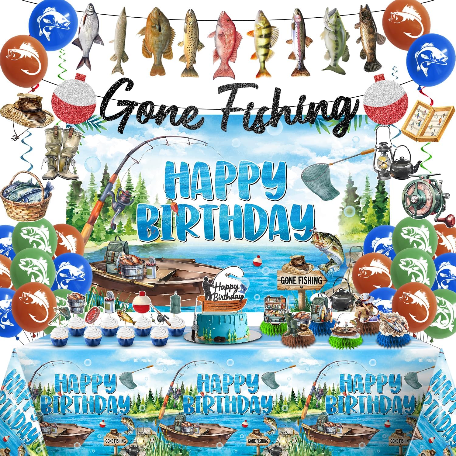 Photo 1 of *** SEE NOTES/PICTURES*** Fishing Birthday Party Decorations, 55 Pack Ofishally One Birthday Decorations, Gone Fishing Party Decorations includes Backdrop, Tablecloth, Banner, Balloons, Centerpieces, Cupcake Toppers