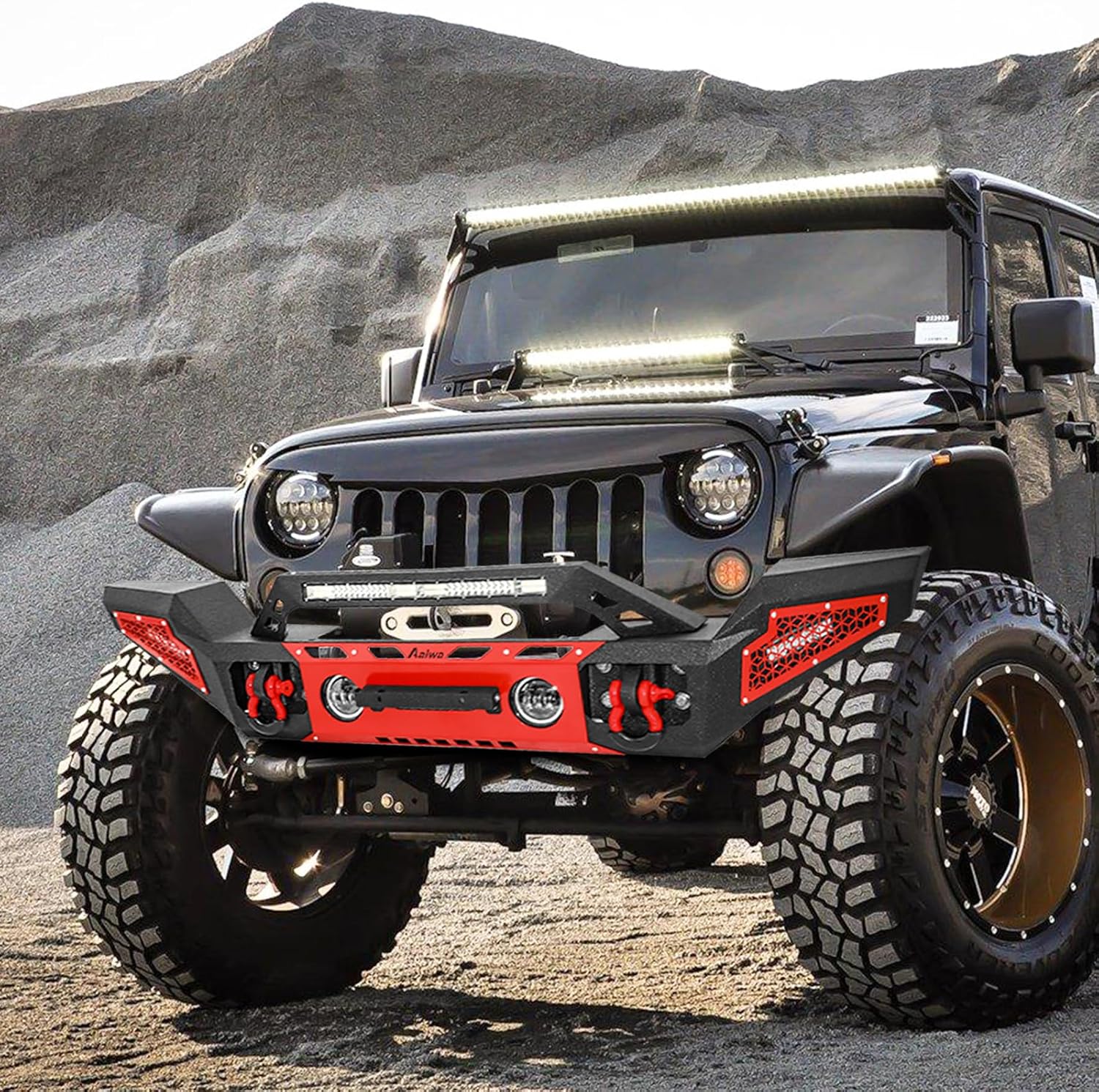 BESTZHEYU Front Bumper Compatible with 2007-2023 Wrangler JK/JL&2020-2021-2023 Gladiator JT (2/4 Doors) Bumper with Winch Plate, 4.5'' Fog Lights, LED Lights Bar& D-rings