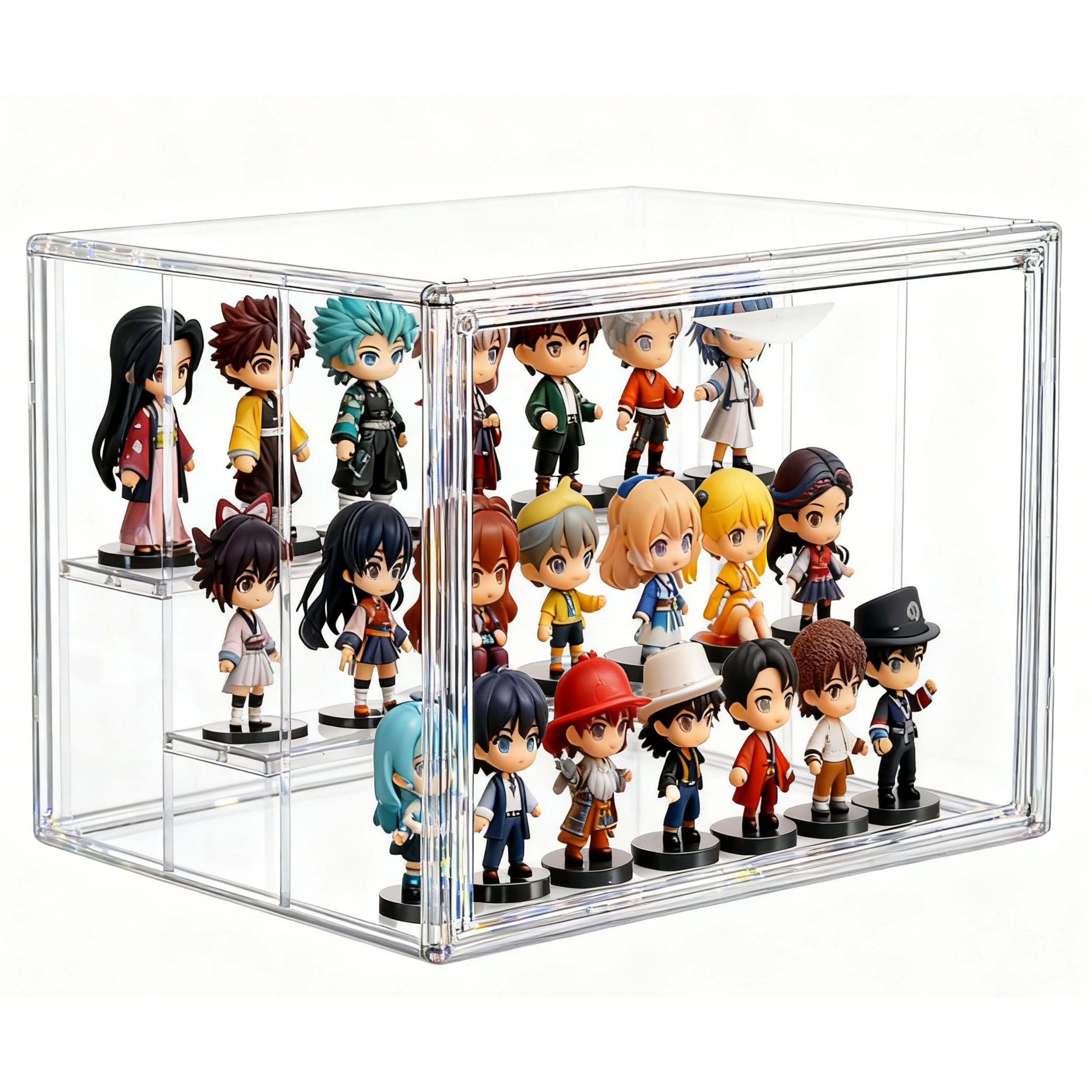 Attelite Clear Acrylic Display Case,3 Tier Display Shelf with 2 Movable Plate, Stackable Protection Showcase for Action Figures, Display Storage Box Countertop with Magnetic Door