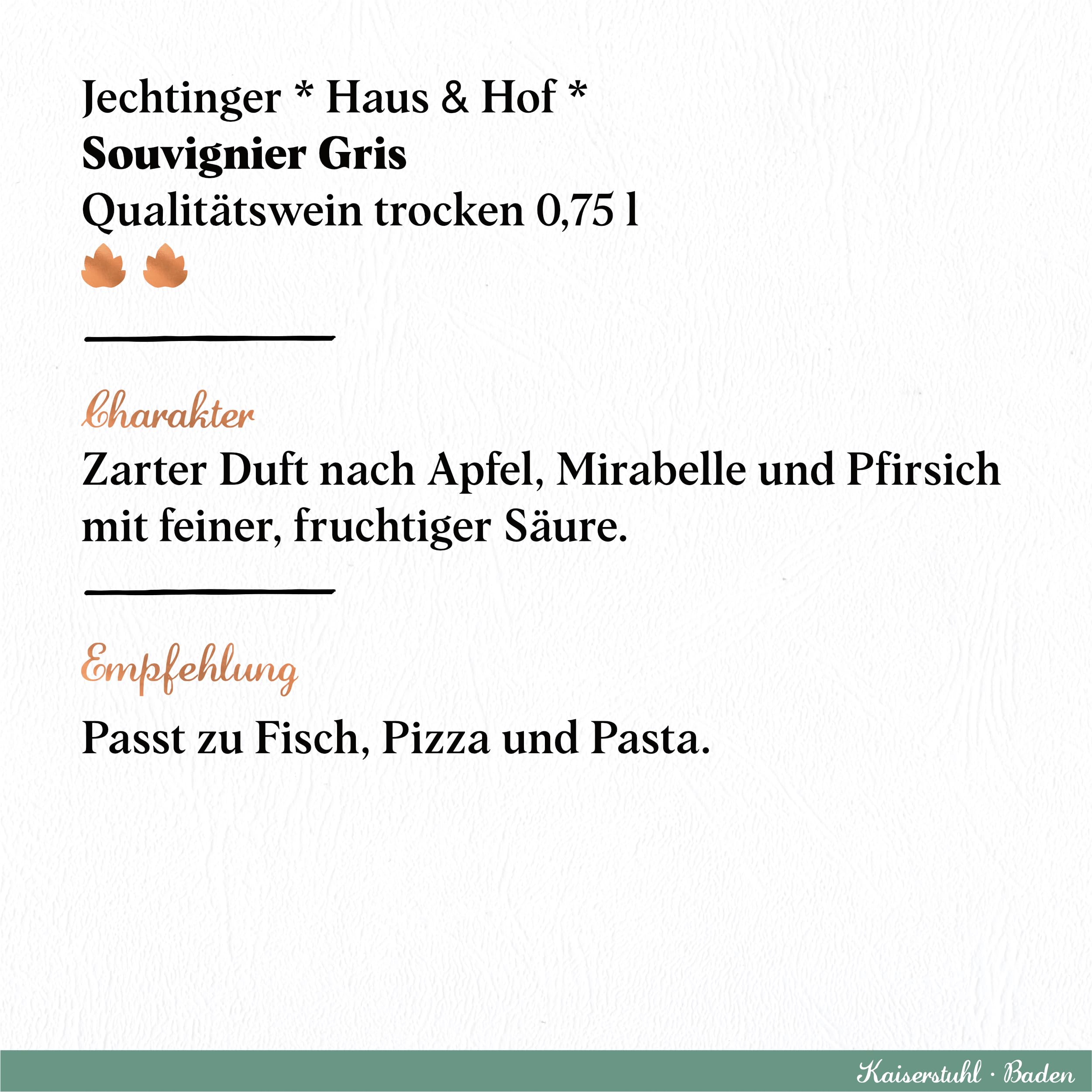 Jechtinger Souvignier Gris HAUS & HOF QbA trocken – SILBER 2024 AWC Vienna – Weißwein trocken, fein-fruchtig mit Aromen von Apfel, Mirabelle & Pfirsich - Anbaugebiet Kaiserstuhl (6 x 0,75 l)
