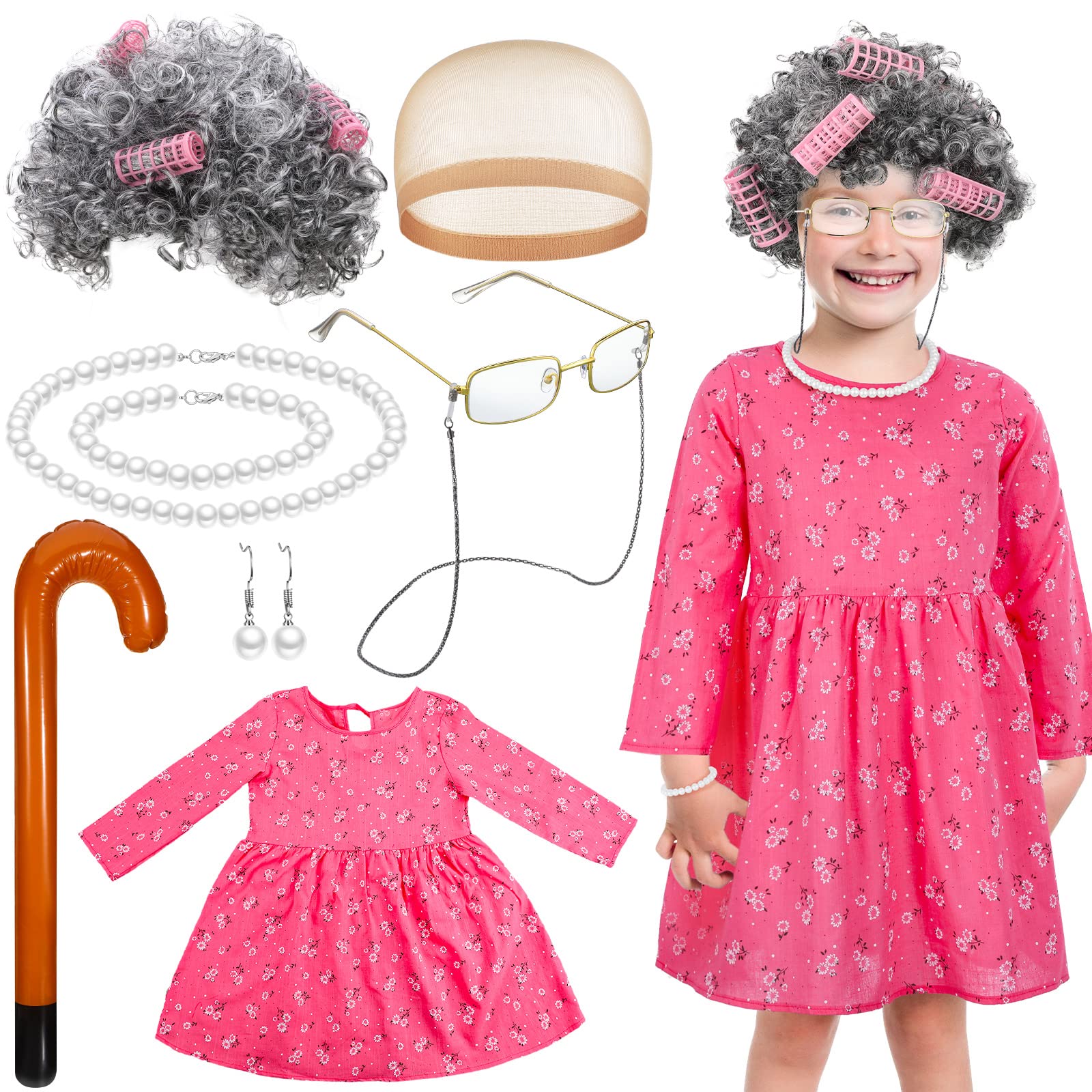 Yaomiao 8 Pcs Old Lady Costume Set for Girls 100th Day of School Toddler Old Grandma Costume Accessories for Girls 100 Days
