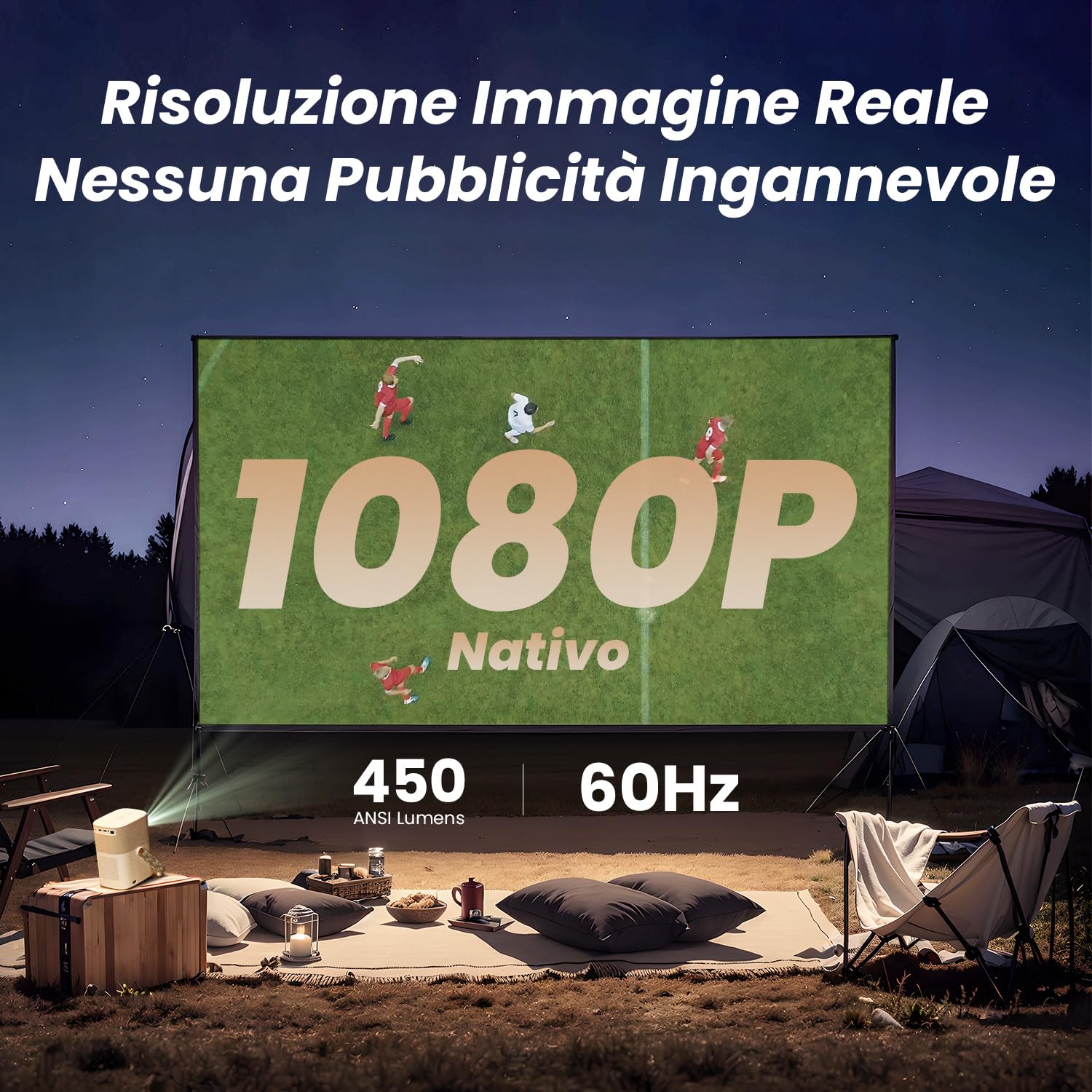 【Suono di JBL/Batteria Integrata】T2 Proiettore Dolby Audio, Proiettore da Esterno Native 1080P Full HD WiFi 6 Bluetooth, Proiettore Portatile Autofocus/Keystone, per TV Stick(manico mimetico)