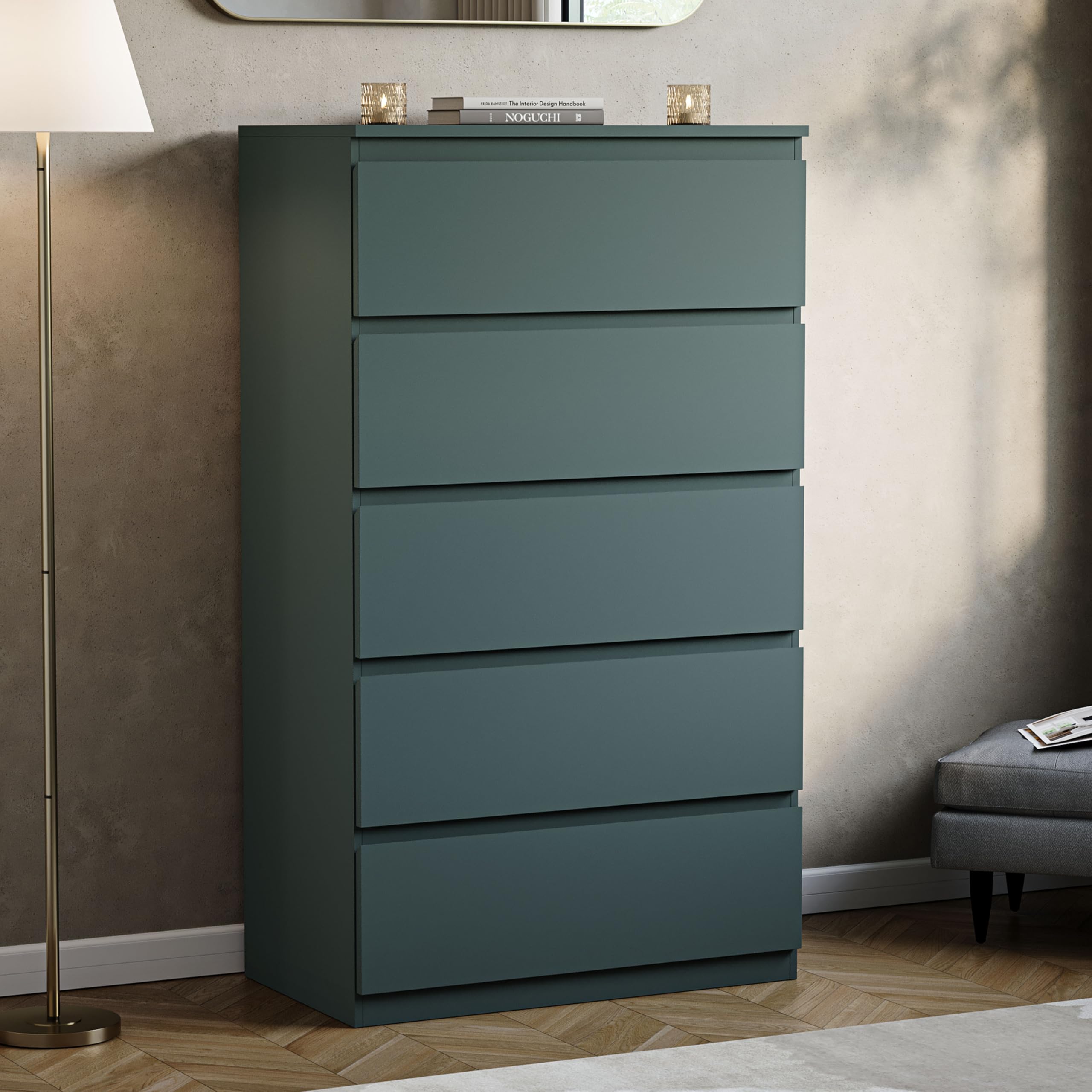 Vida Designs Denver 5 Drawer Chest of Drawers | Jasper Green | Space-Saving Storage | 117H x 70W x 40D cm | Minimal | Smooth Metal Runner | Engineered Wood | Modern Bedroom Chest of Drawers Unit