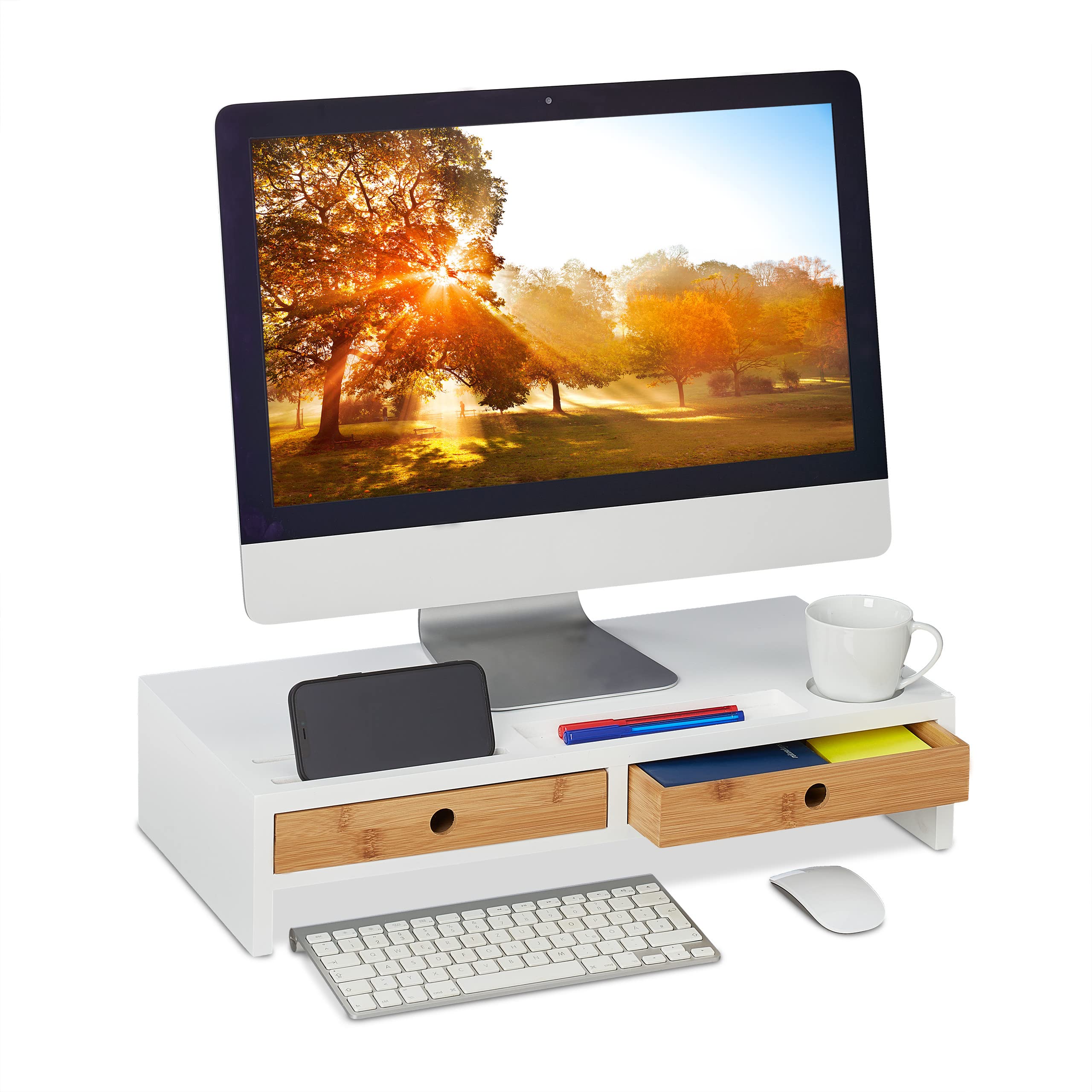 Relaxdays Soporte para Monitor, 2 Cajones, Elevador de Pantalla para Escritorio, 12 x 56 x 27 cm, Bambú y MDF, Blanco
