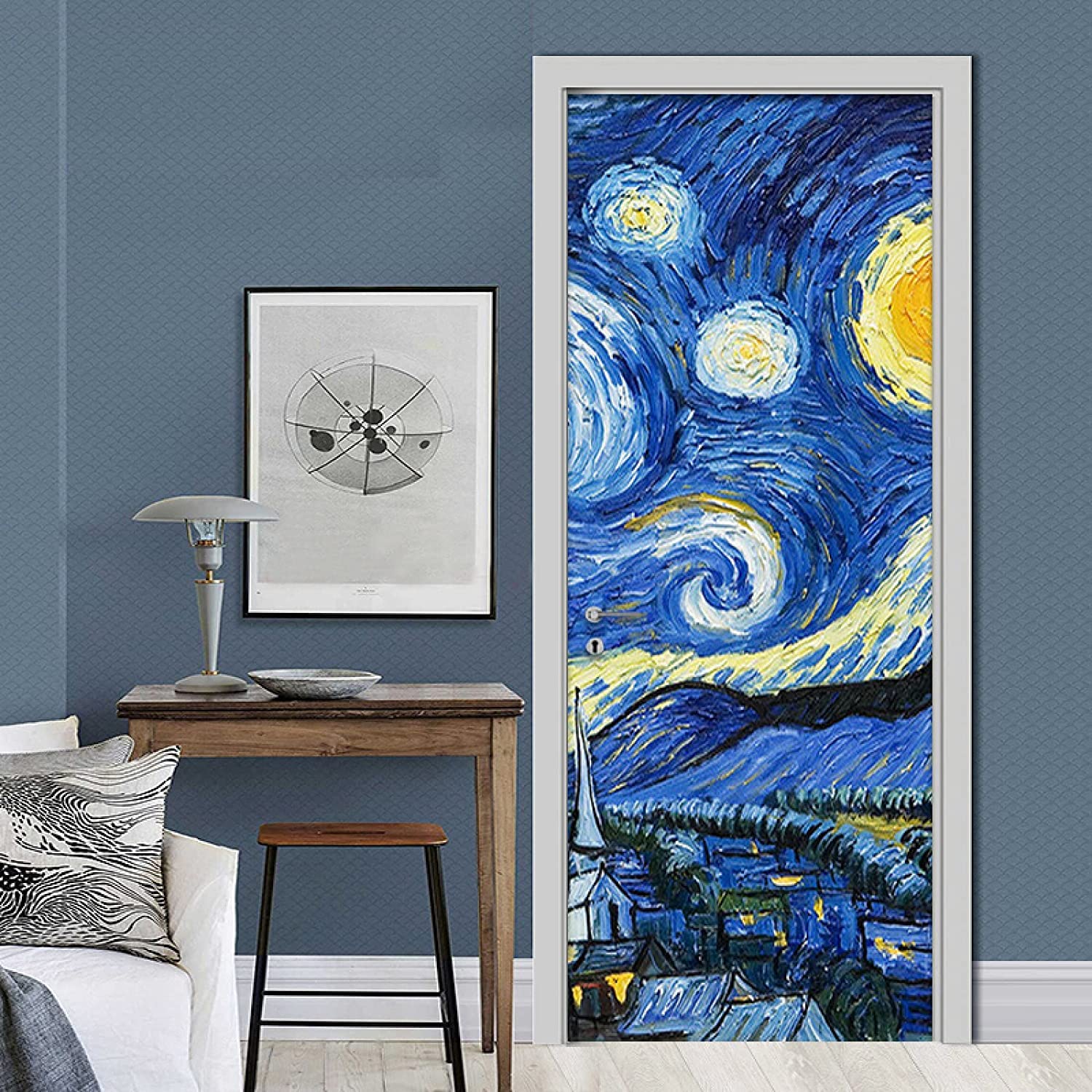 Adesivo Murale 3D Per Porta Con Cielo Stellato: Dipinto A Olio Tridimensionale 95x215 Cm, Arte Per Soggiorno