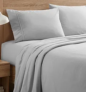 Flannel Sheets King Size Warm and Cozy Deep Pocket Breathable All Season Bedding Set with Fitted with Full Elastic & Built in Corner Sheet Straps, Flat and Pillowcases, King, Silver