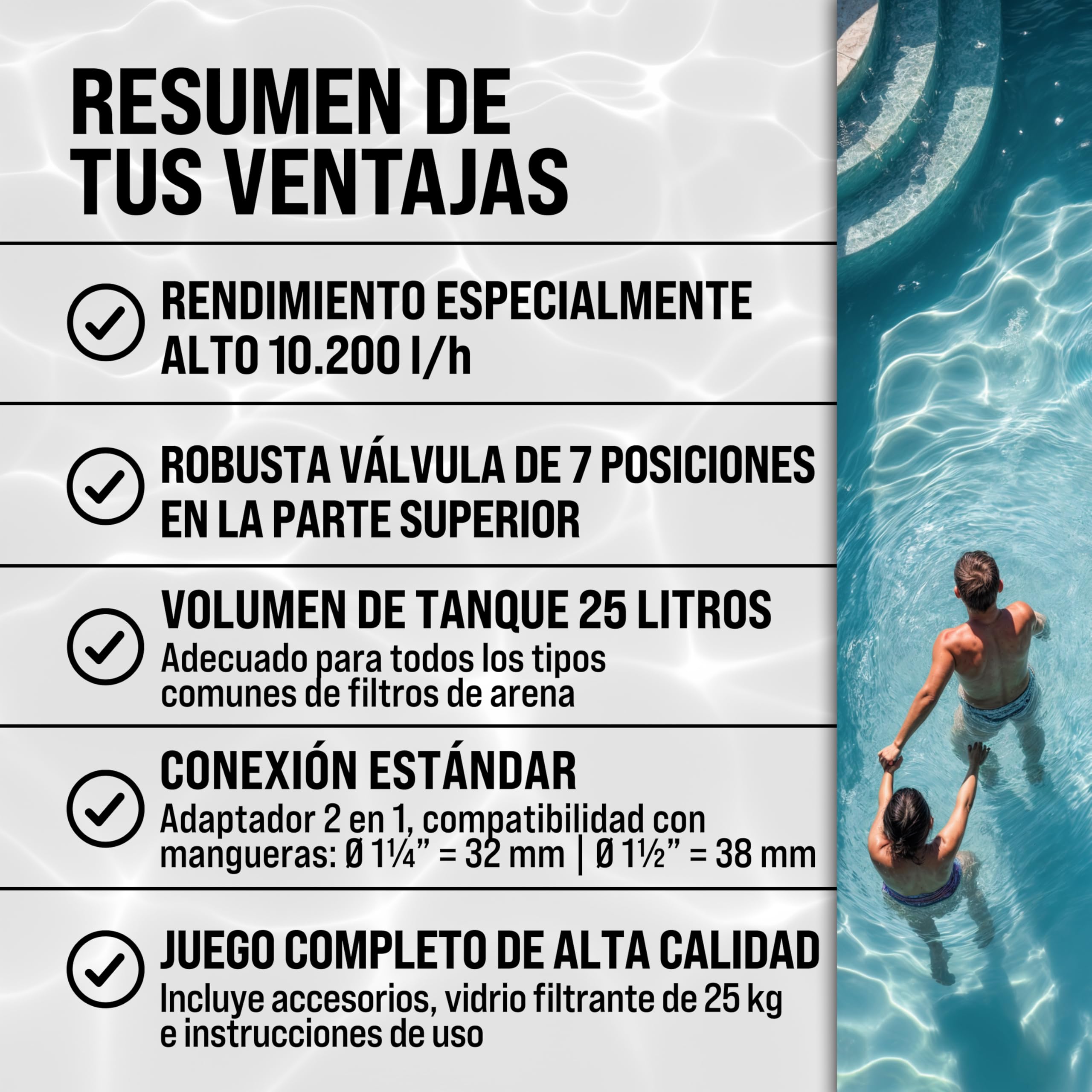 MONZANA® Depuradora Piscina 10.200L/h Filtro de Arena hasta 35.000L incl. Vidrio Filtrante Válvula 7 Funciones Filtrado 450W Adaptador Ø32-38mm Bomba Indicador de Presión