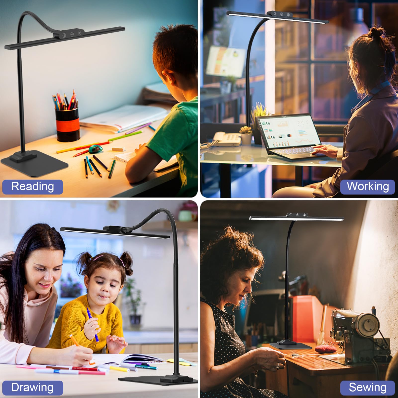 KableRika Lampada LED Regolabile – Luce diurna senza sfarfallio, protezione occhi, 4 temp + 4 livelli luminosità, collo flessibile – Per smart working, lettura, schermo – Nero