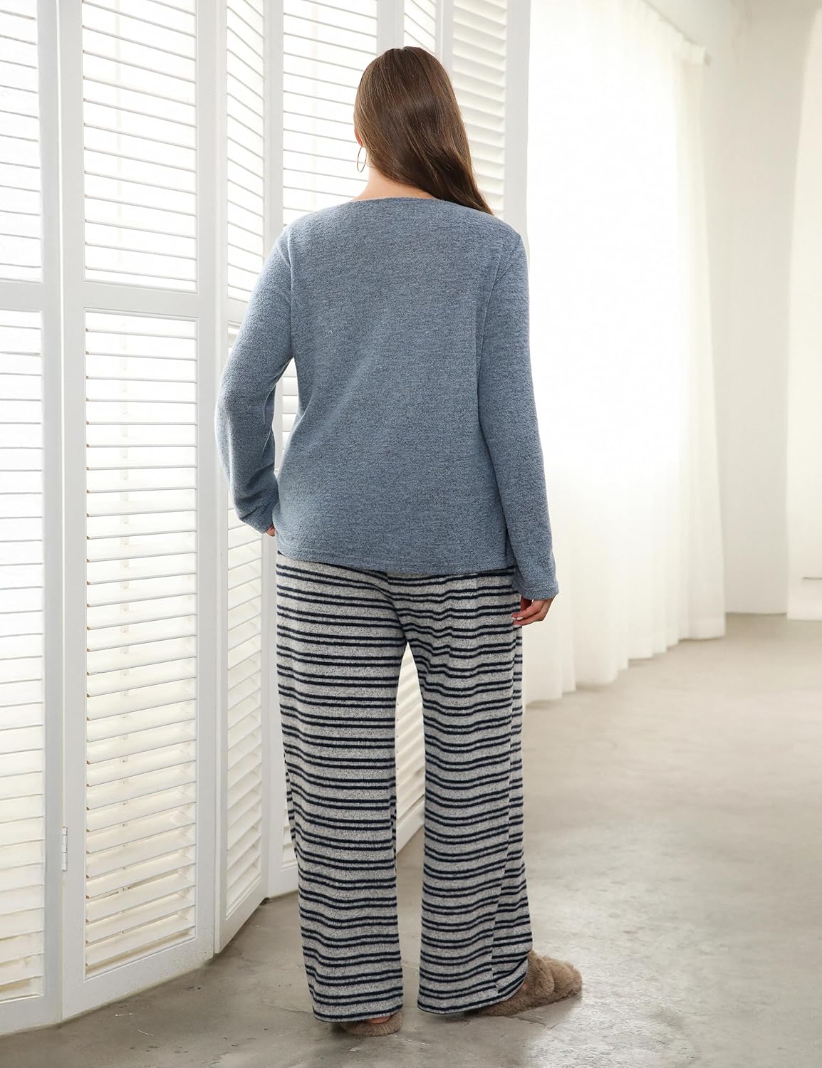 Blooming Jelly Womens Plus Size Pajamas Color Block Pajama Sets Button Down Lounge Sets 2 Piece V Neck Long Sleeve Pj - Image 3