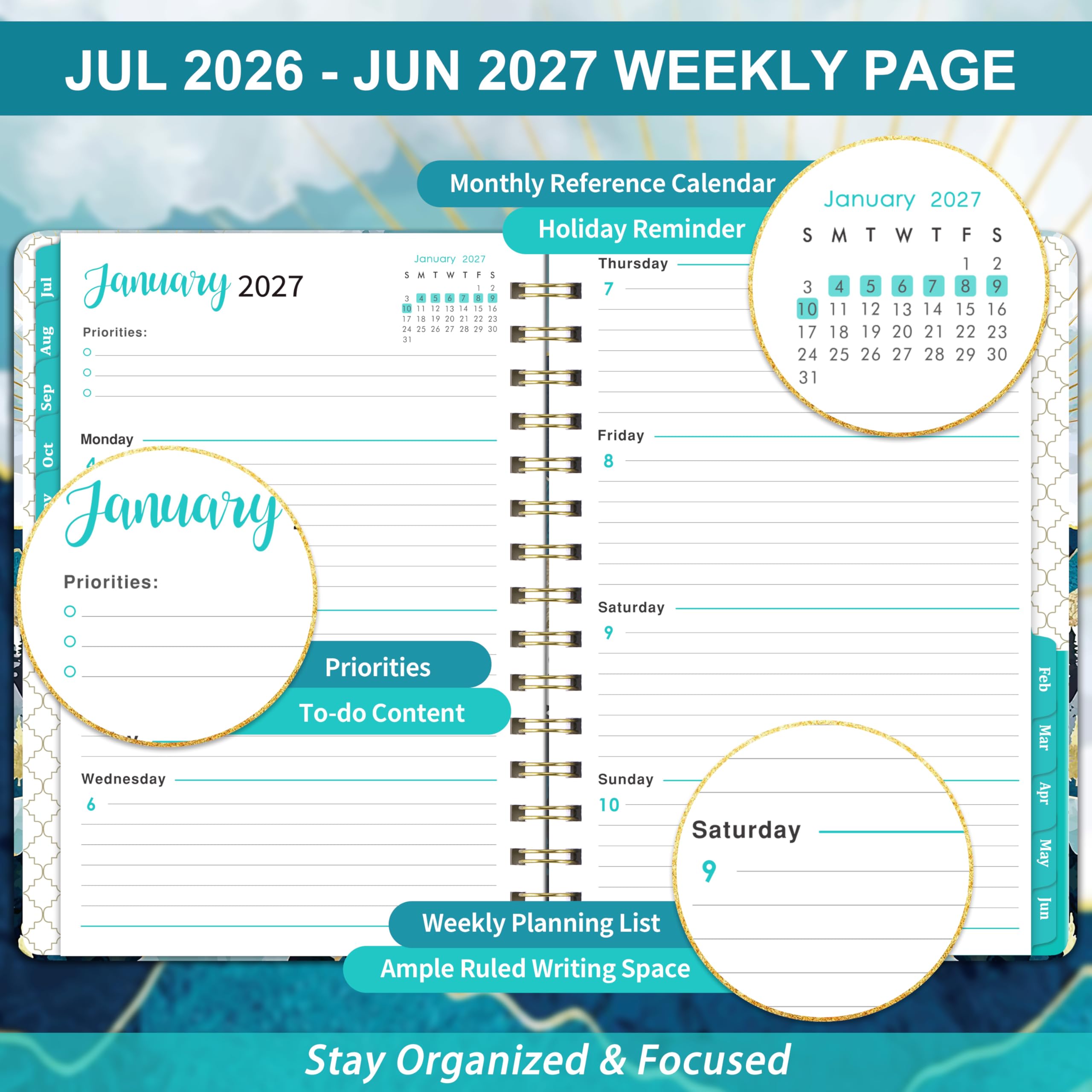 Planer 2024-2025 - lipiec 2024 - czerwiec 2025, planer akademicki 2024-2025, 2024-2025, tygodniowy planer miesięczny, zakładki, 16 cm x 21,3 cm, twarda okładka, tylna kieszeń