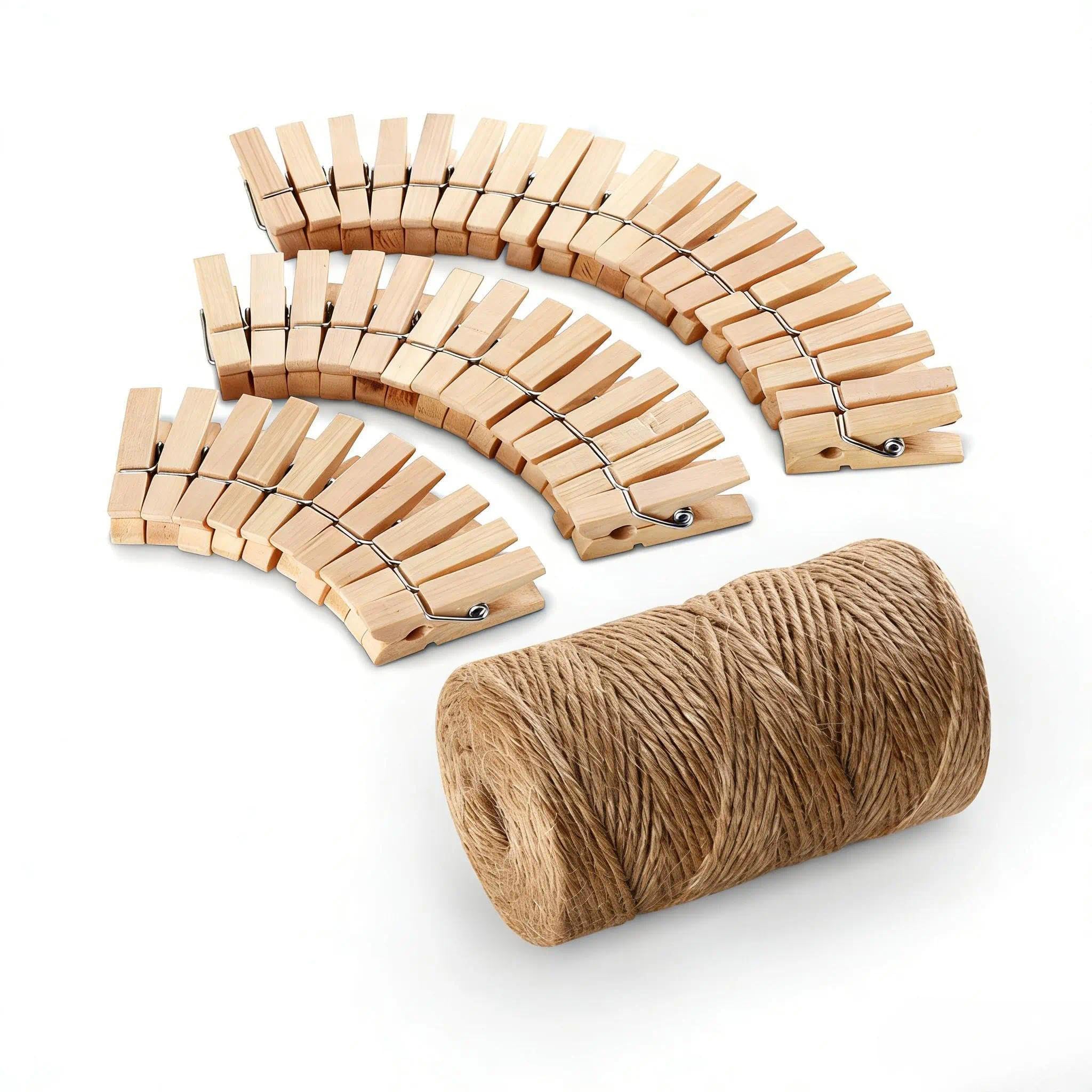 Blissiquee 100 Pcs Mini Wooden Pegs 3.5cm & 328 Feet Twine String 3-Ply, Craft Clothes Pegs Clips, String and Pegs for Photos DIY Decorative Arts & Crafts, Weddings & Events