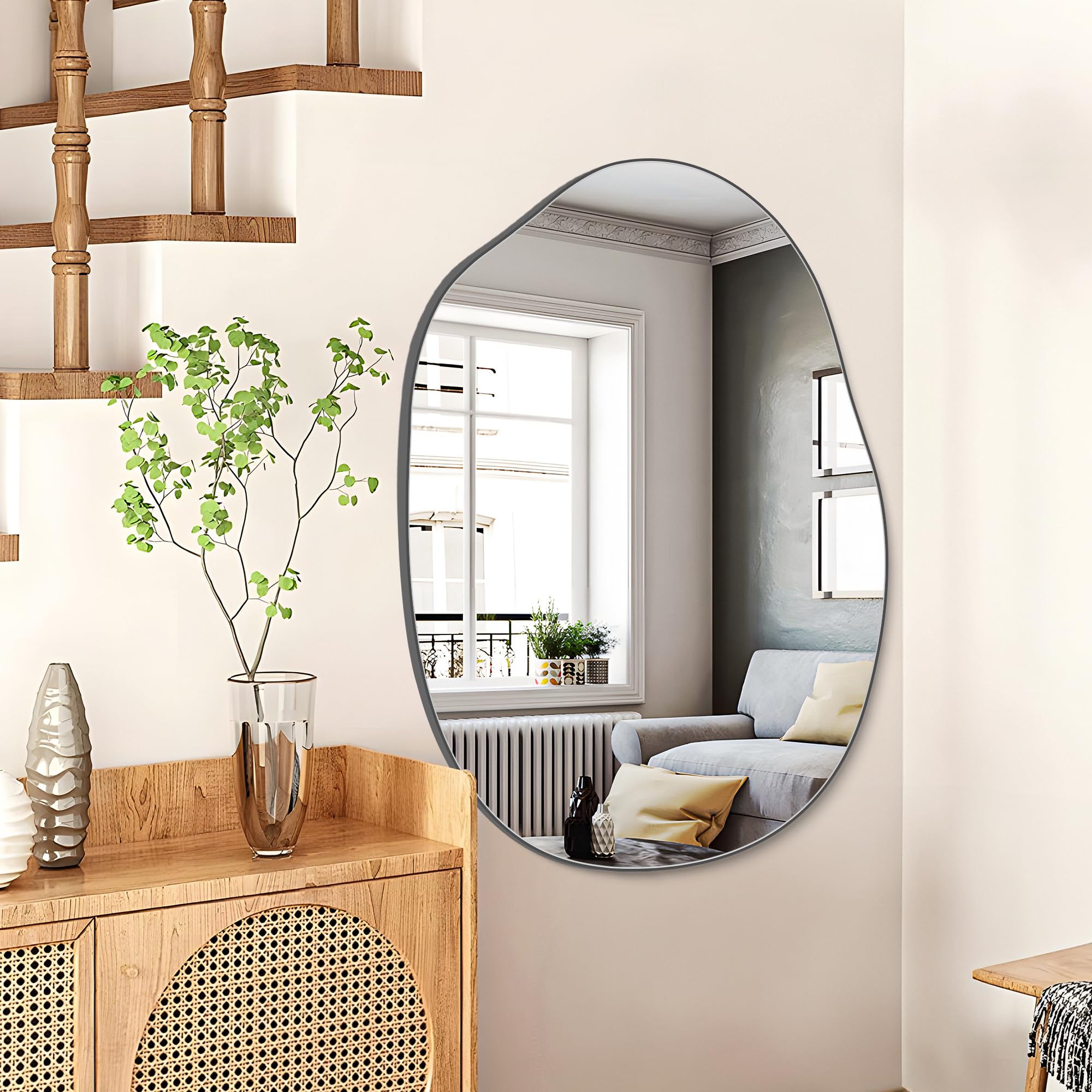 WOLIBEER Asymmetrischer Badezimmer Spiegel 95 x 65 cm, unregelmäßiger rahmenloser Wandspiegel mit schwarzer Rückwand, Spiegel für Badezimmer, Schlafzimmer, Eingangsbereich, Flur, Waschtisch