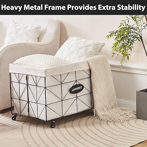 Miniatura 2 de Mxfurhawa Cesta plegable para la ropa sucia con ruedas, capacidad y forro extraíble, marco de metal resistente para almacenamiento y transporte de