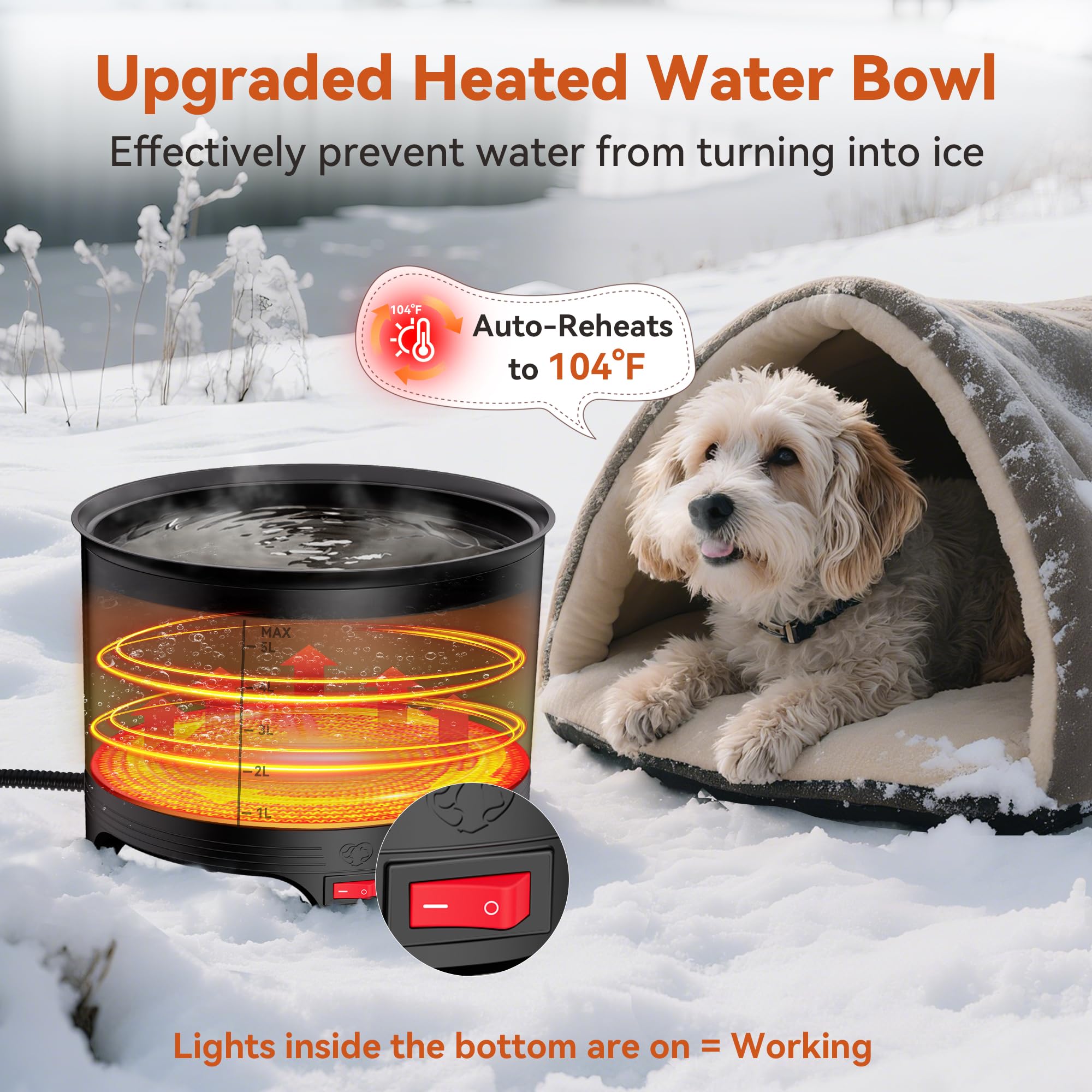 Cuenco de agua caliente de 5.5 L, cuencos grandes de invierno de 1.45 galones para perros para exteriores, cuenco de agua impermeable para mascotas con cable de alimentación resistente a las