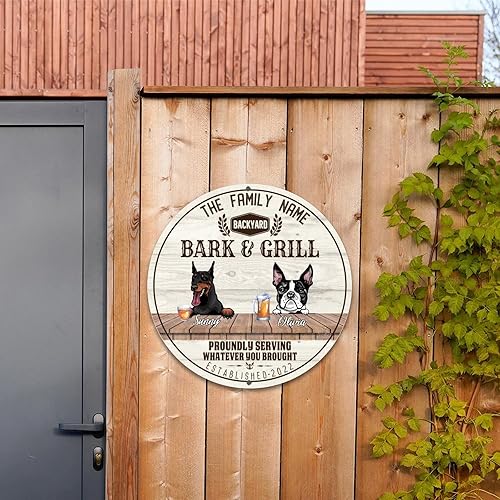 Miniatura 4 de Letrero redondo de metal para ladridos y parrilla, Doberman y perro toro francés, letrero de metal para cachorros, nombre de la familia, 12