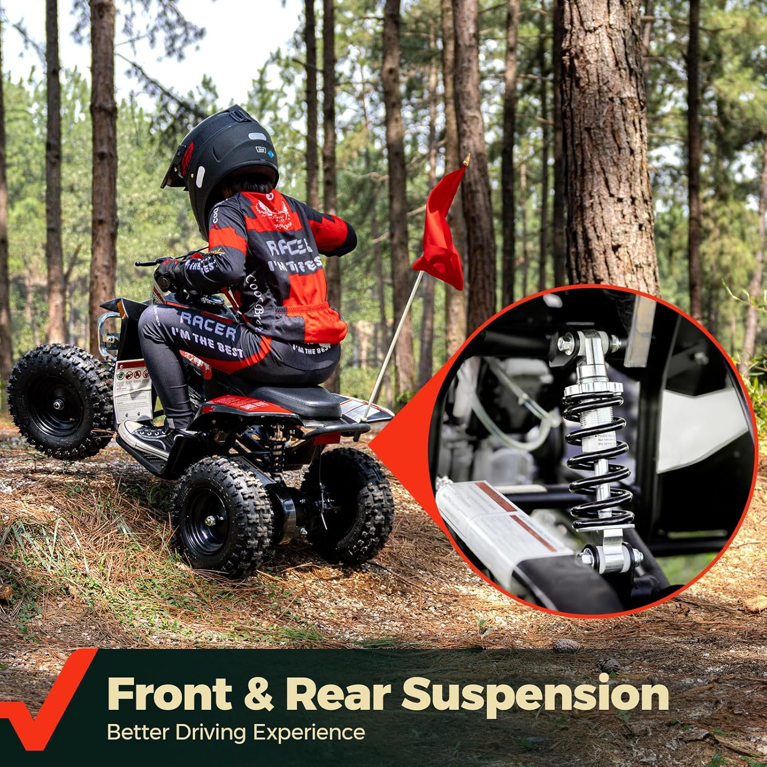 FRP Sahara 40 Kids Mini ATV, 40 CC 4-Stroke 4 Wheeler with Gloves, Goggle and Neck Gaiter, Speed Control Kill Switch Weight Support Up to 143 LBS (RED-M)