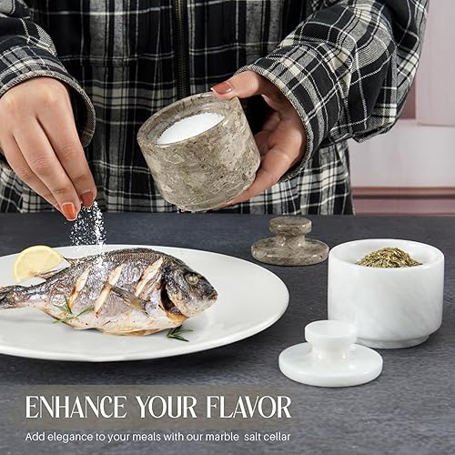 Miniatura 4 de Bodega de sal de mármol con tapa de 3 pulgadas, contenedores celtas blancos y oceánicos de sal y pimienta para el hogar y la cocina, cuencos de sal