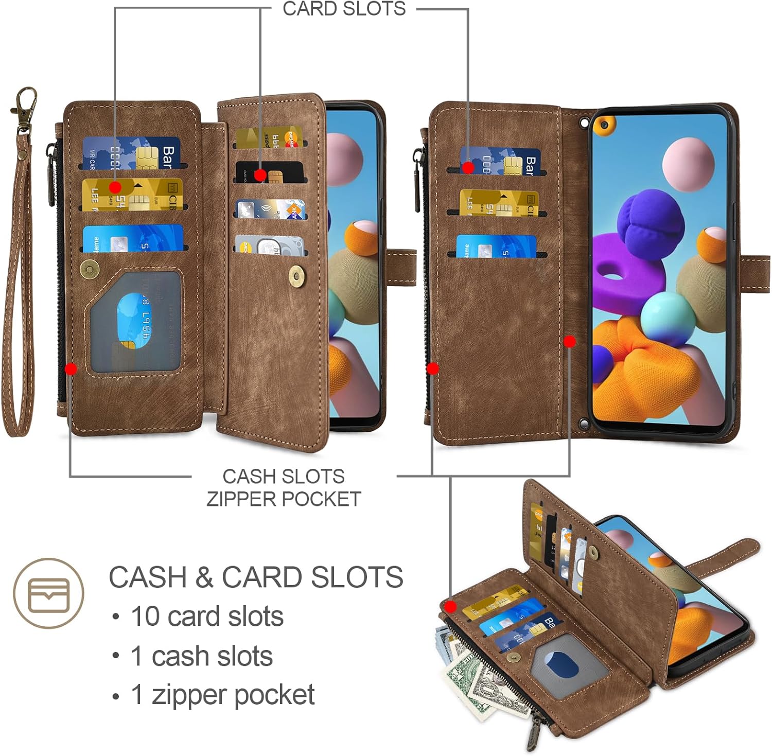 Asuwish Phone Case for Samsung Galaxy A21S Wallet Cover and Tempered Glass Screen Protector Leather Flip Credit Card Holder Stand Lanyard Wrist Strap Rugged Slot Cell Accessories A 21S Women Men Brown