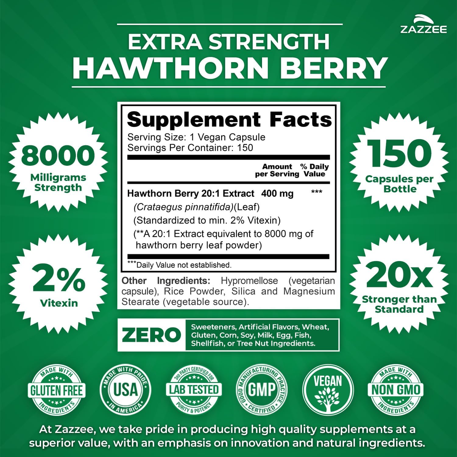 Zazzee Extra Strength Hawthorn Berry 20:1 Extract, 8000 mg Strength, 2% Vitexin, 150 Vegan Capsules, 5 Month Supply, Concentrated and Standardized Potent 20X Extract, Non-GMO and All-Natural - Image 3