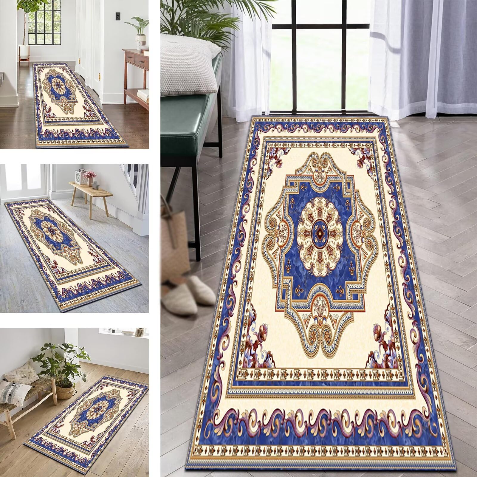 Tapis de coureur de cuisine moderne bleu et blanc lavable pour un sol impeccable