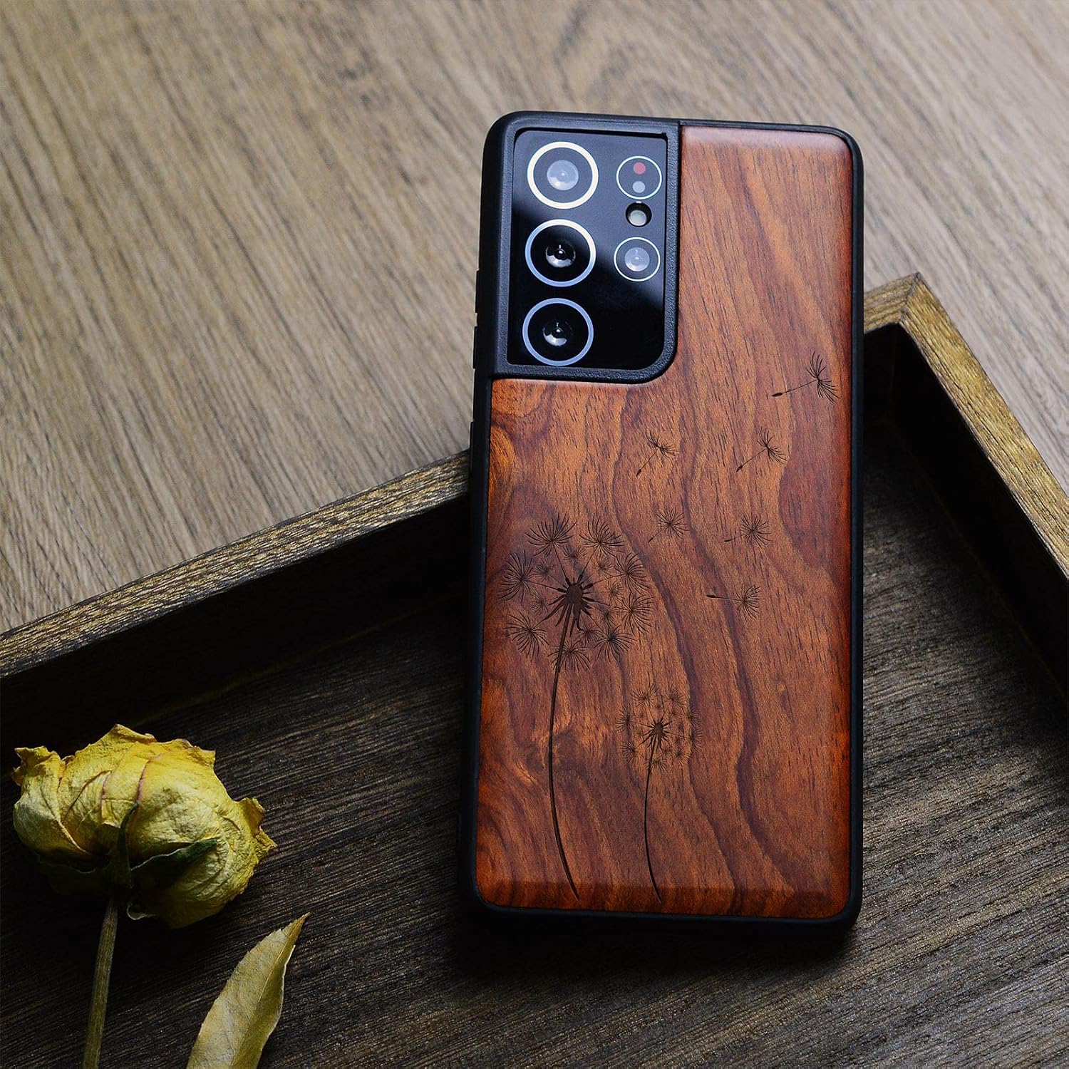 Carveit Wood Case for Galaxy S21 Ultra Case [Natural Wood & Black Soft TPU] Shockproof Hybrid Protective Unique Wooden Cover Compatible with Samsung S21 Ultra 5G (Dandelion-Rosy)
