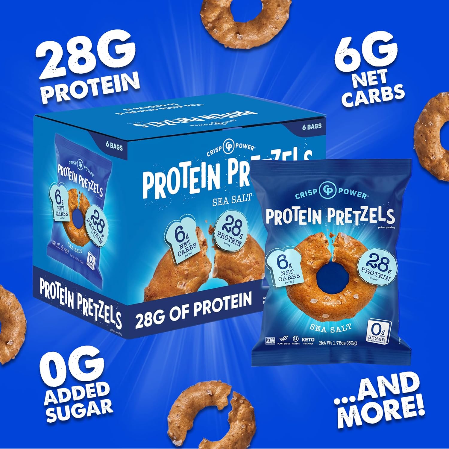 CRISP POWER Spicy Variety Sampler, High Protein Pretzels, Flamin’ Crunch, Cheddar, Everything & Sea Salt, Bold Flavor Variety, Crunchy Low Carb Snack, Vegan, 6 Pack