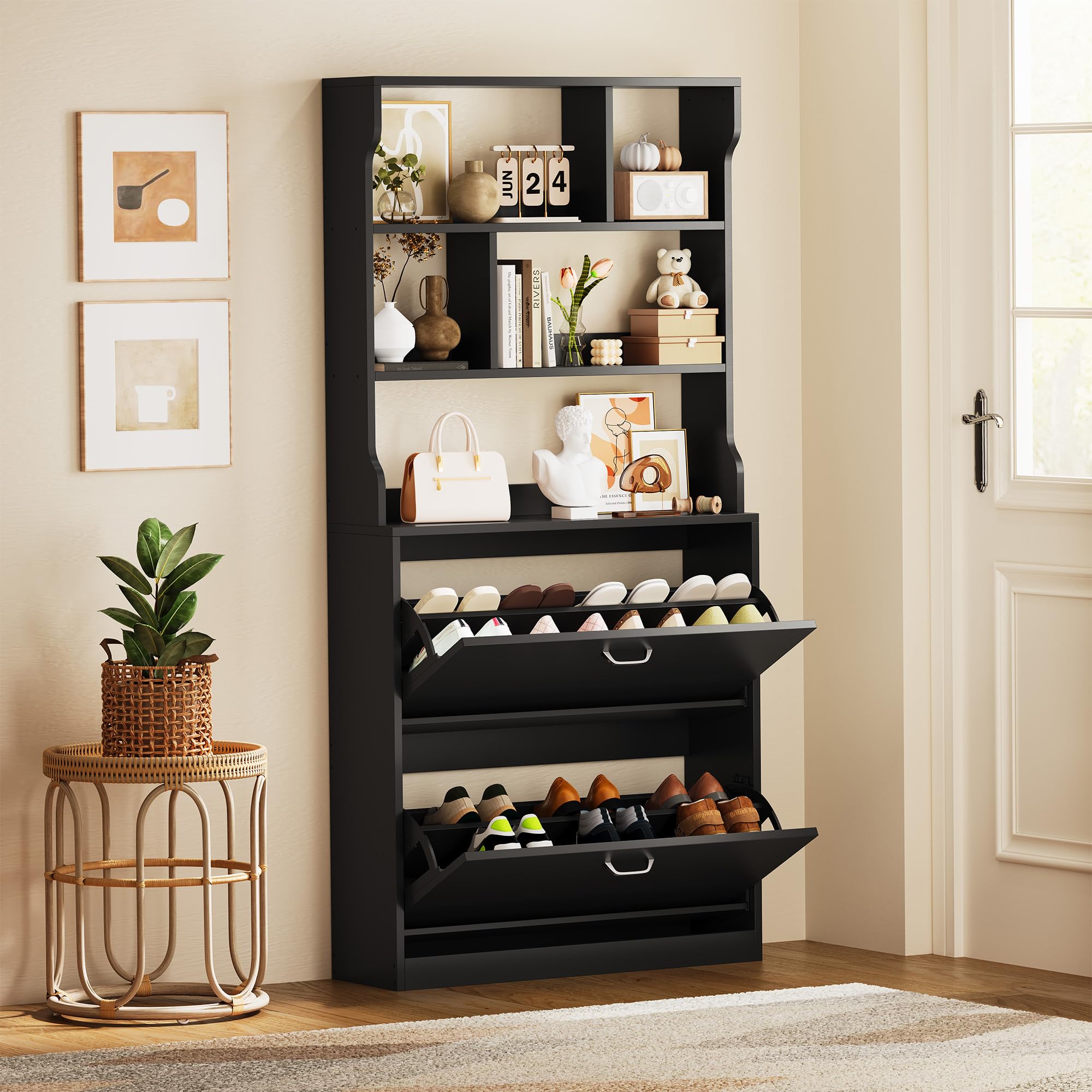 IRONCK Zapatero Alto 165cm con 2 Puertas Abatibles y 3 Estantes Abiertos, Armario Zapatero Estrecho, Mueble Organizador de Entrada para Recibidor, Pasillo y Salón, en Madera, Blanco, 165 x 80 x 24CM