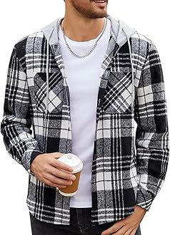 Men's Flannel Hoodie Plaid Shirt Long Sleeve Button Down Casual Shirt Jacket Lightweight Fall Shacket