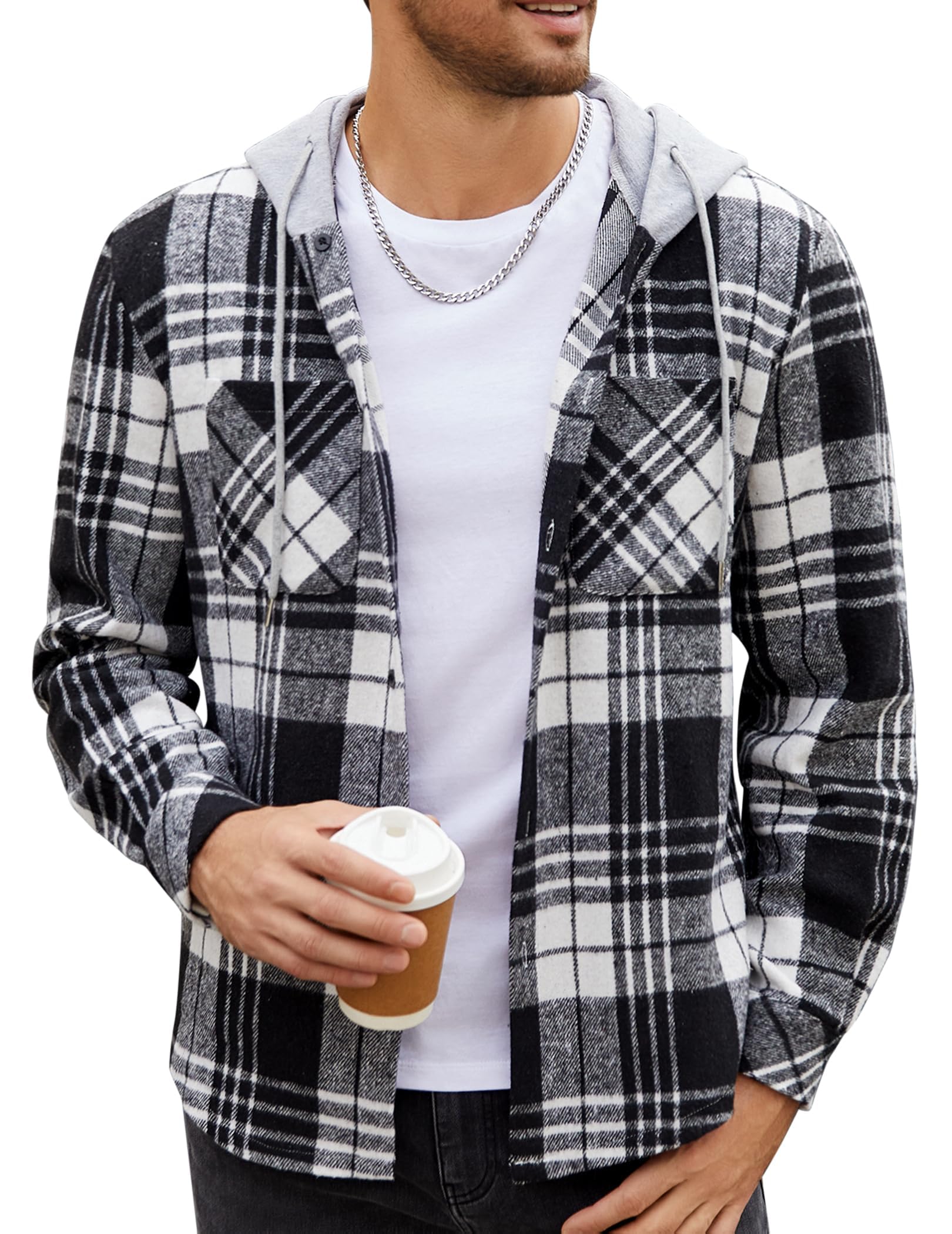 Men's Flannel Hoodie Plaid Shirt Long Sleeve Button Down Casual Shirt Jacket Lightweight Fall Shacket