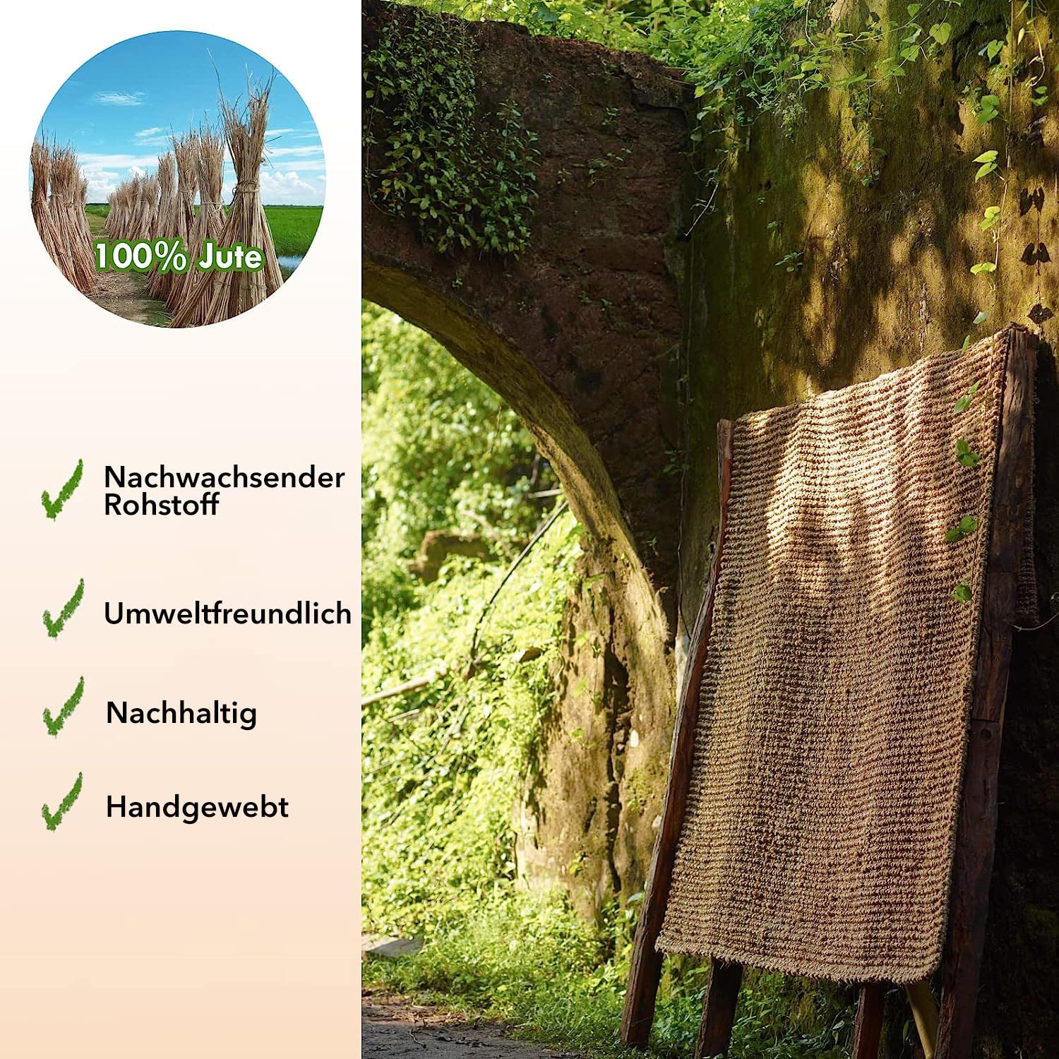 Floordirekt Jute-Teppich Urbano 60 x 90 cm - Natur Teppich aus 100% Jute - Naturfaser - Handgewebt & Umweltfreundlich