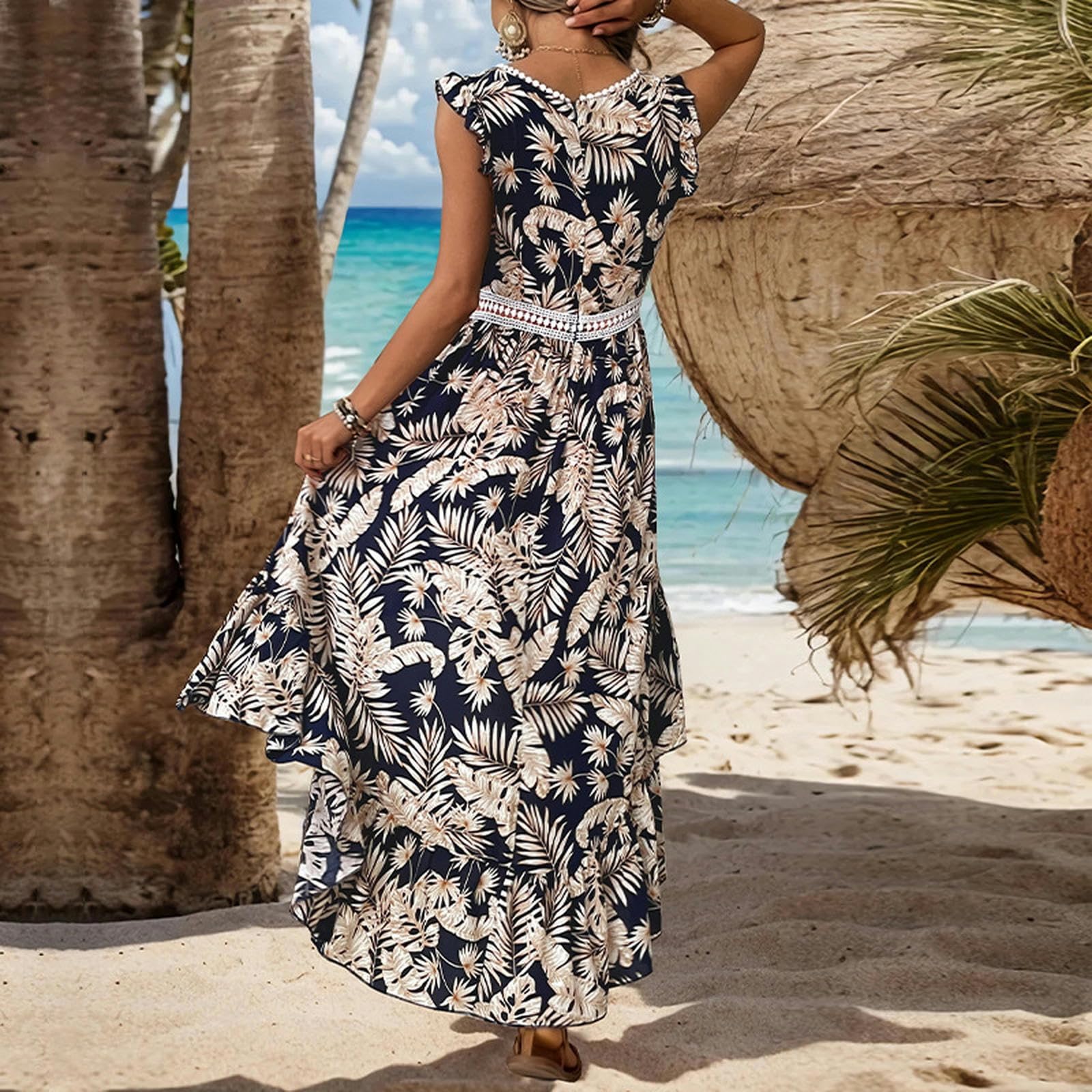 Abiti Delle Donne Abito Estivo Ruffle Manica Scollo a V Casual Swing Ladies Dress, YYEFNMAZ, Blu scuro, s