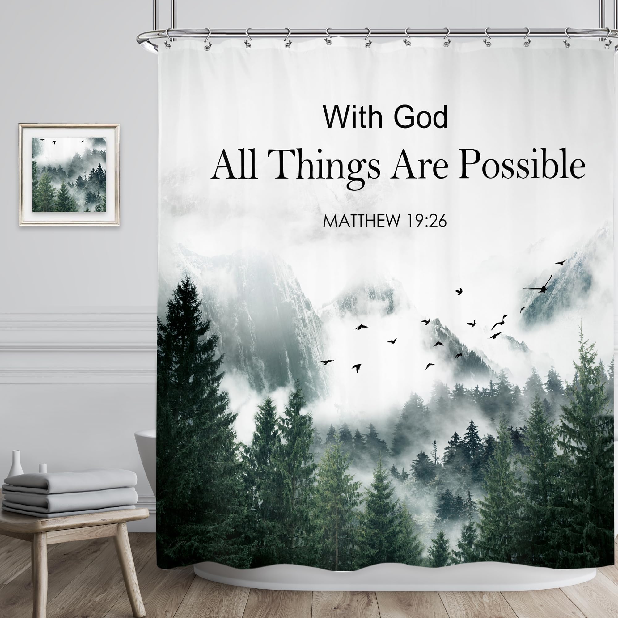 Riyidecor Mountain Shower Curtain 60Wx72H Inch Bible Verse Christian Inspirational God Words Foggy Tree Scenery Landscape Mens Bathroom Decor Fabric Polyester Waterproof 12 Pack Hooks - Image 2