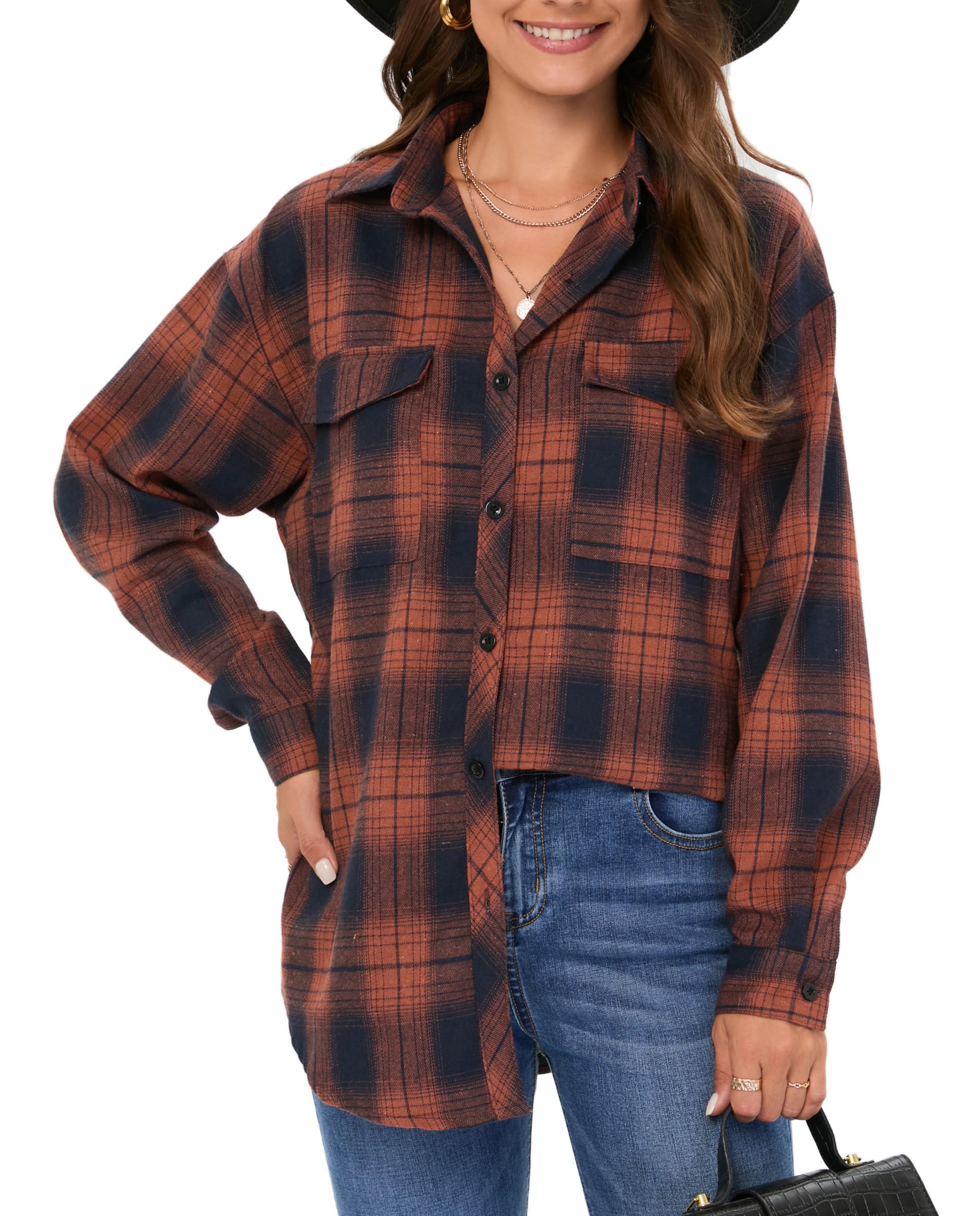 Timuspo Damen Kariertes Hemdbluse Knopfleiste Langarm Oktoberfest Bluse Karo Tunika Casual V-Ausschnitt Oberteile Flanellhemd Tops