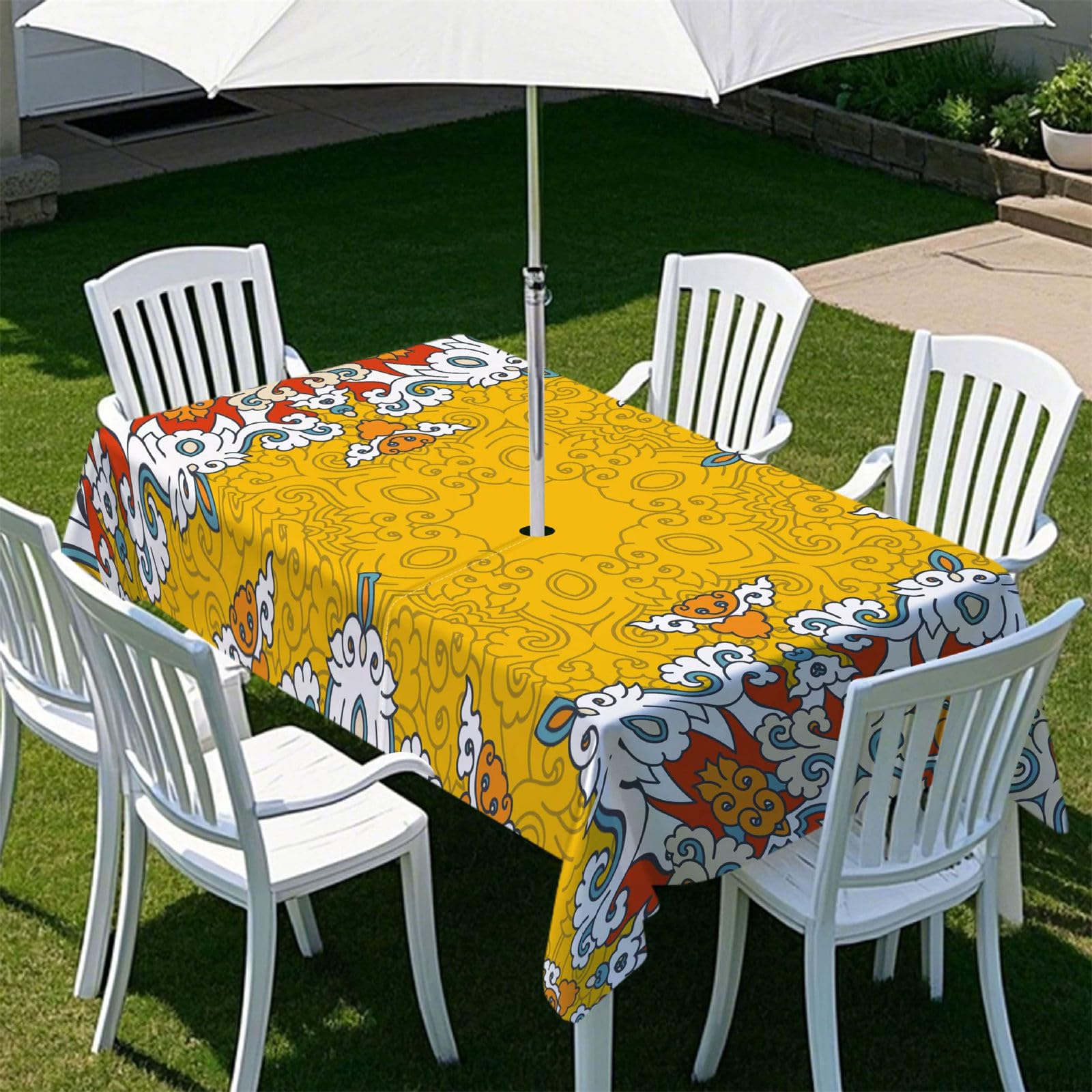 Morbuy Tovaglia Rettangolare Impermeabile Antimacchia per Esterno con Foro Ombrellone, Stile Etnico, 259x152cm