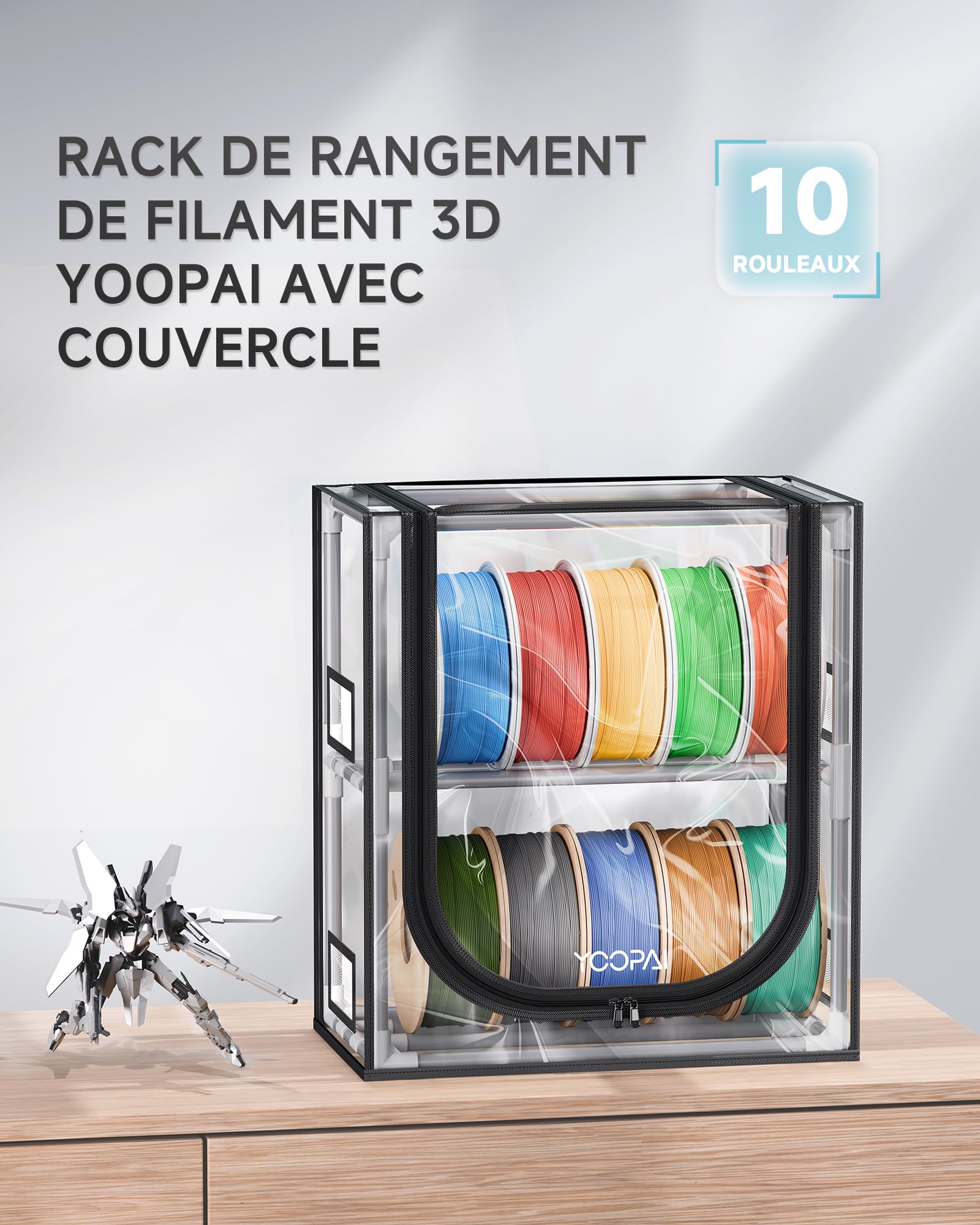 YOOPAI Boîte de rangement pour filament d'imprimante 3D avec déshydratants – Étagère de rangement en métal à 2 niveaux avec couvercle transformateur, peut contenir jusqu'à 10 rouleaux de filaments