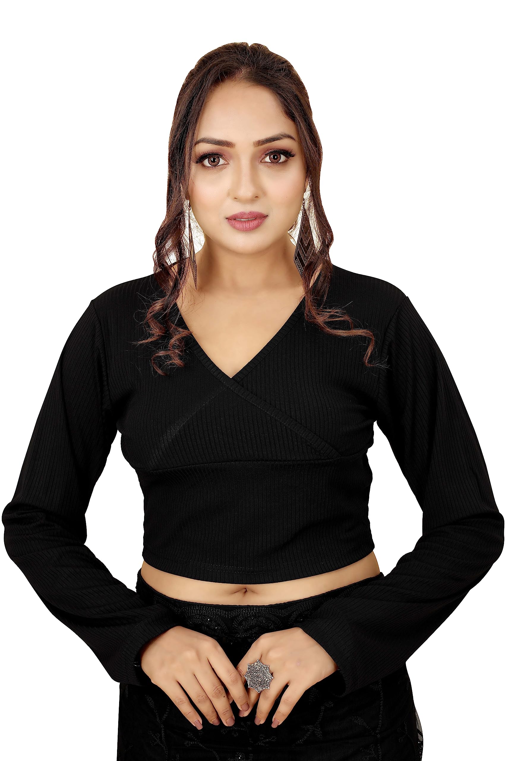 Shasmi Women's & Girls' Solid Ribbed V Neck Collarless Full Sleeve Slim Fit Simplicity Blouse For Women (Blouse 54 Black S)